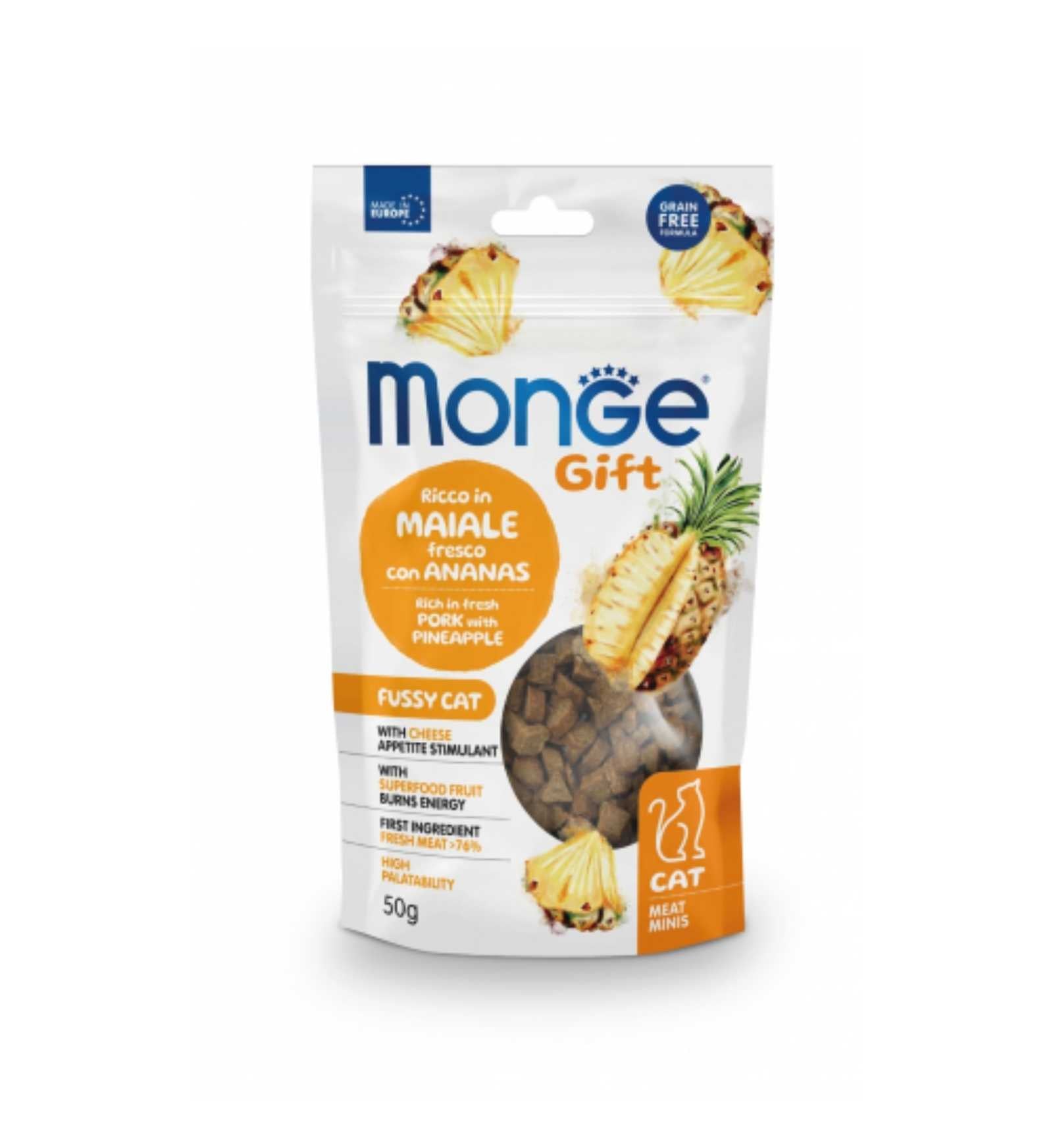 MONGE GATTO SNACK MEATMINIS APPETITO DIFFICILE RICCO IN MAIALE FRESCO CON ANANAS DA 50 GR