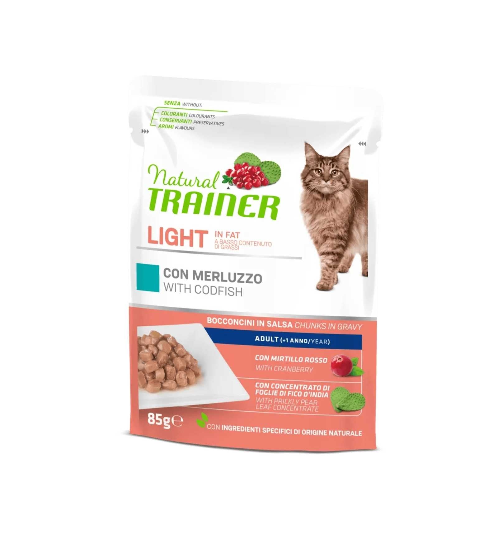 TRAINER GATTO NATURAL ADULT IDEAL WEIGHT CON MERLUZZO BOCCONCINI IN SALSA DA 85 GR IN BUSTA
