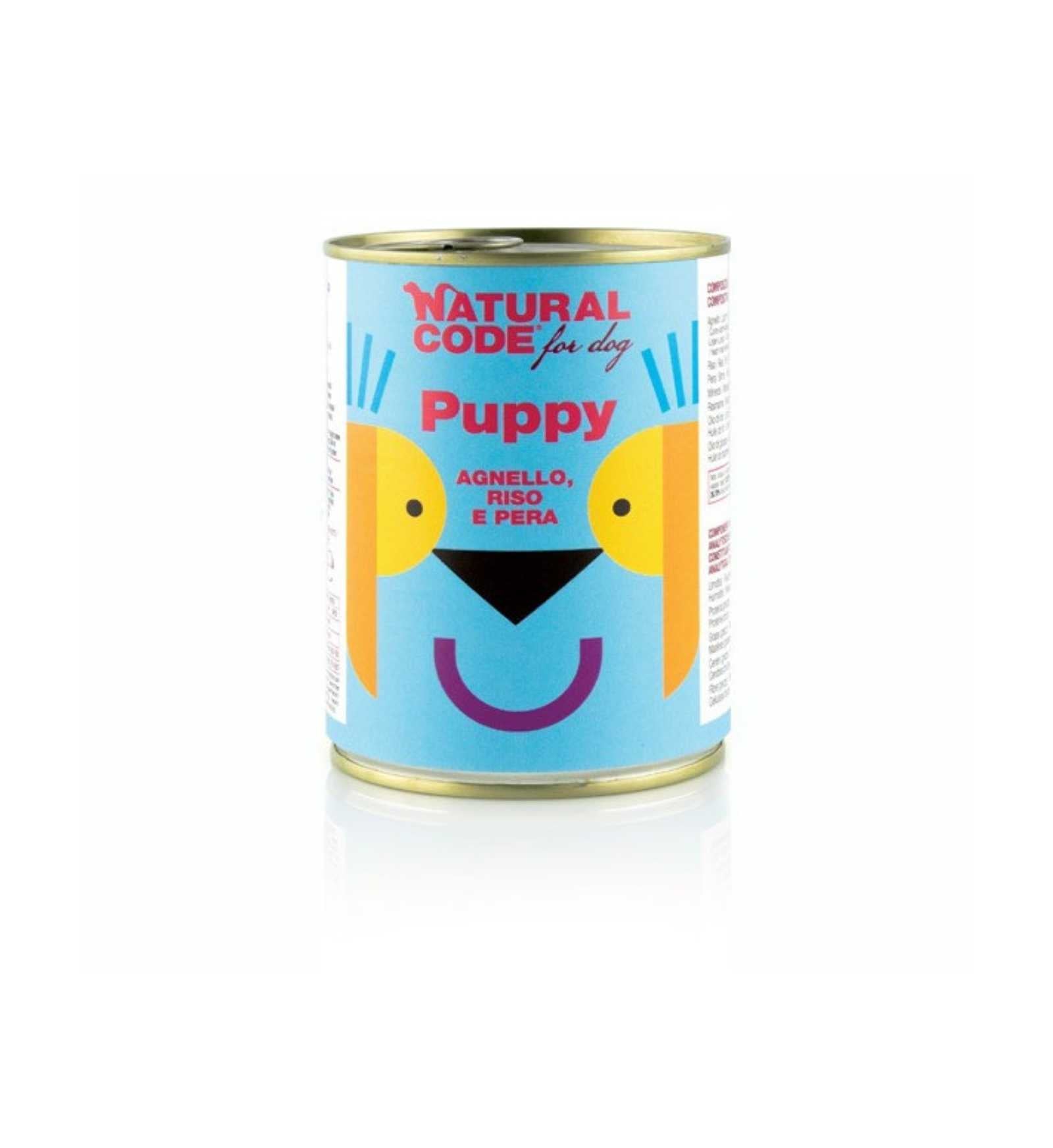NATURAL CODE CANE PUPPY 02 CON AGNELLO RISO E PERA DA 400 GR IN LATTINA
