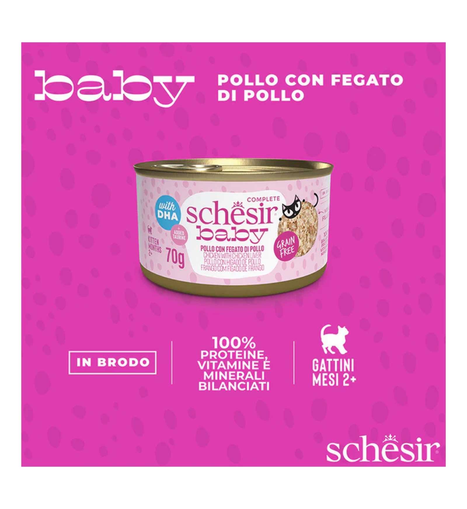 SCHESIR GATTO BABY FILETTI IN BRODO POLLO E FEGATO DA 70 GR IN LATTINA