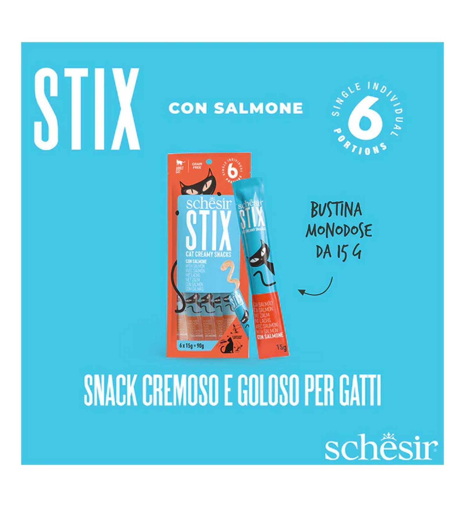 SCHESIR GATTO SNACK STIX MOUSSE SALMONE 15 GR x 6 PEZZI IN BUSTA