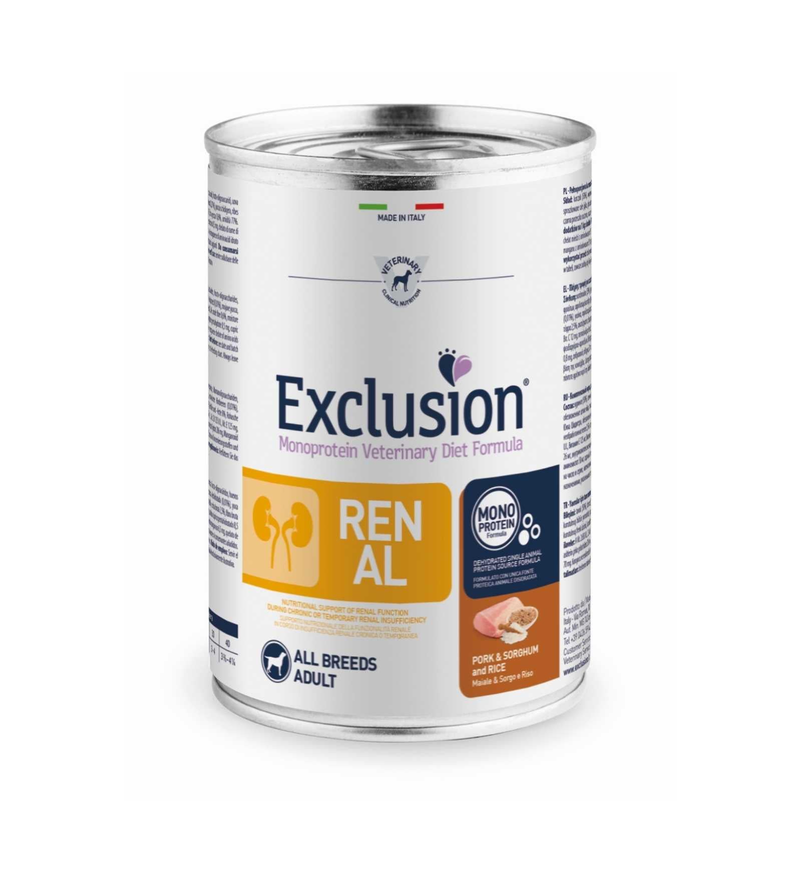 EXCLUSION CANE DIET ADULT ALL BREEDS RENAL MAIALE, SORGO E RISO DA 400 GR IN LATTINA