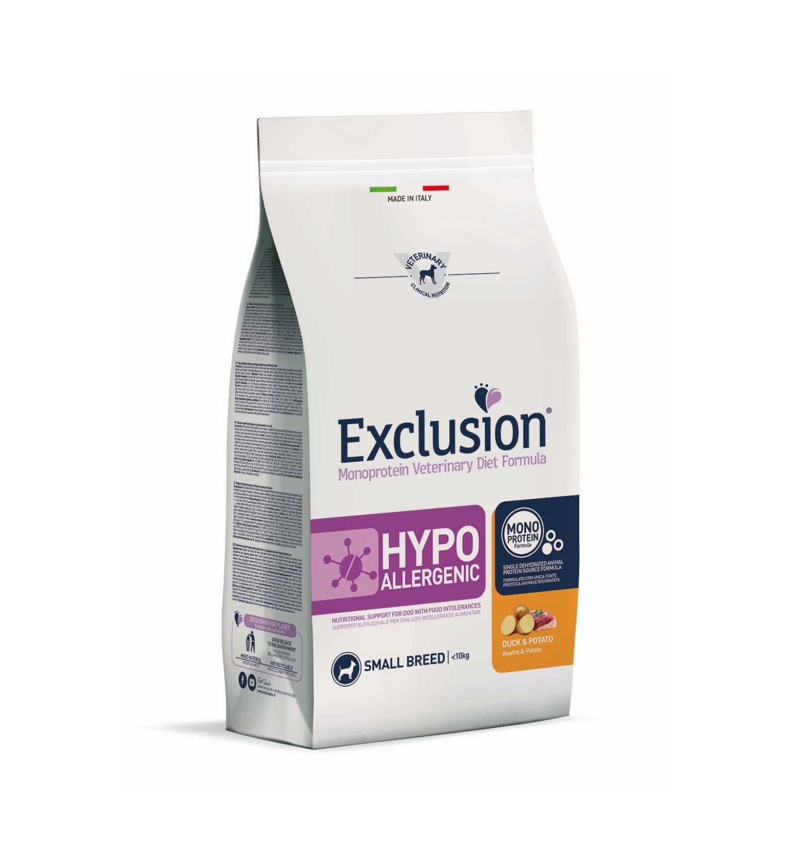 EXCLUSION CANE DIET ADULT SMALL BREED HYPOALLERGENIC ANATRA E PATATE DA 2 KG