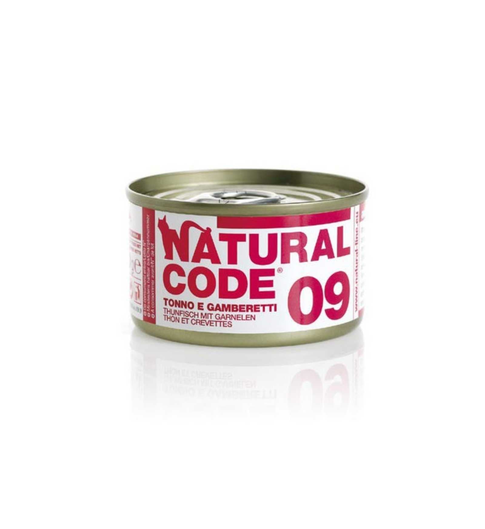 NATURAL CODE GATTO 09 TONNO E GAMBERETTI IN ACQUA DI COTTURA DA 85 GR IN LATTINA