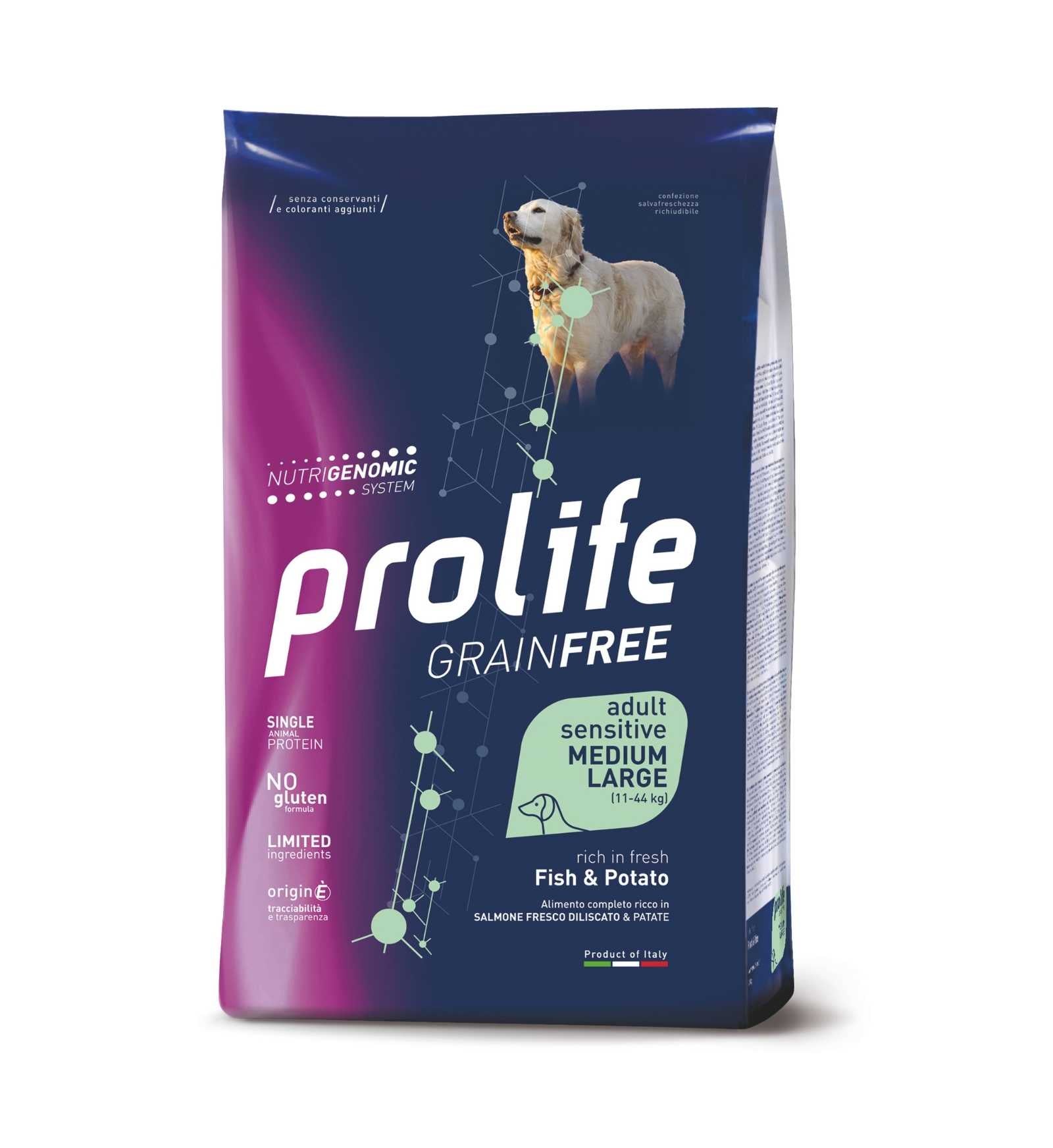 PROLIFE CANE ADULT MEDIUM LARGE SENSITIVE GRAIN FREE PESCE E PATATE