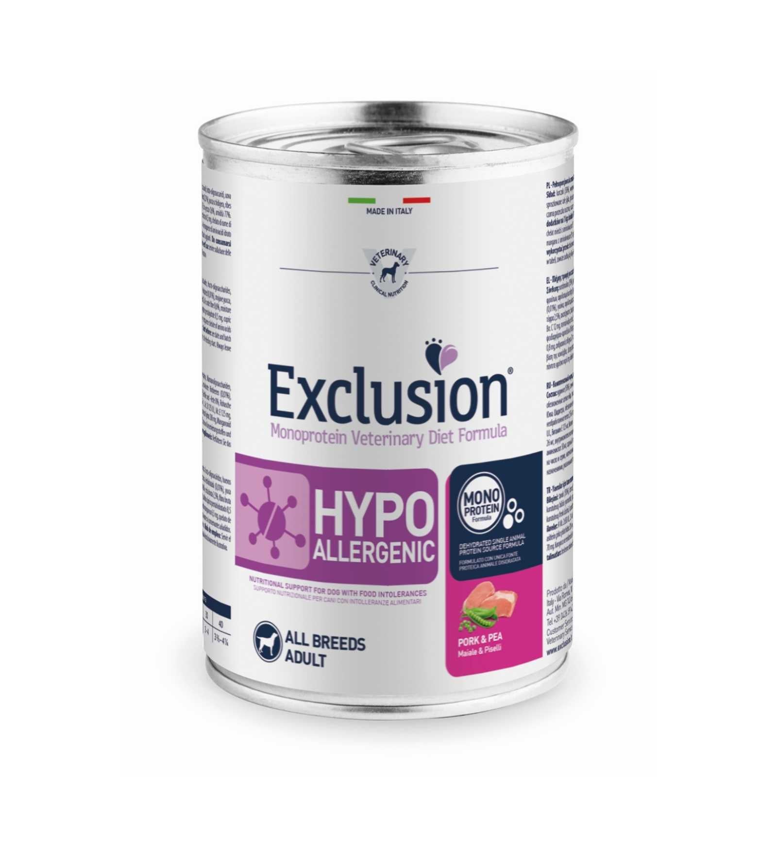 EXCLUSION CANE DIET ADULT ALL BREEDS HYPOALLERGENIC MAIALE E PISELLI DA 400 GR IN LATTINA