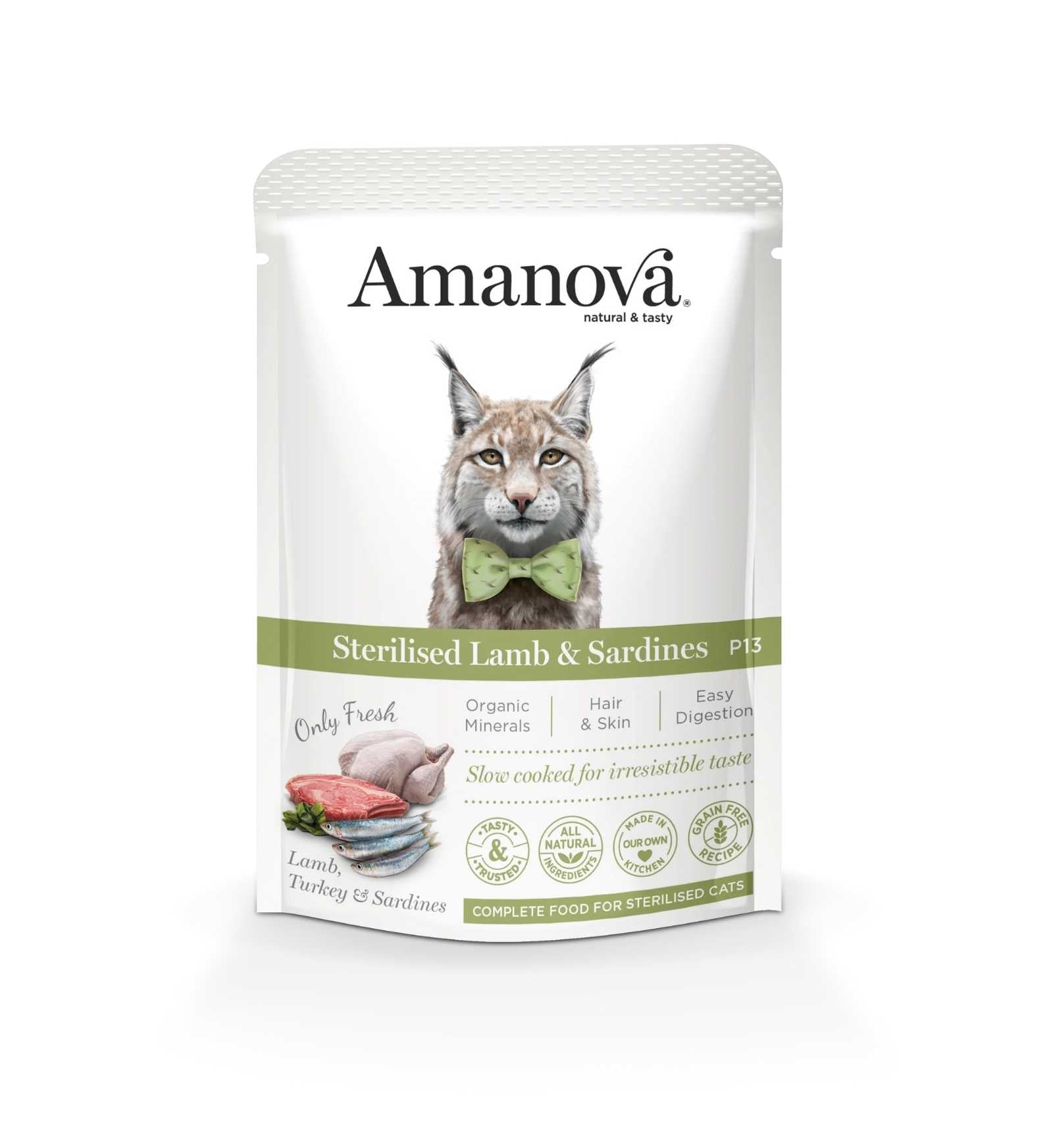 AMANOVA GATTO STERILIZZATO AGNELLO E SARDINE P13 DA 85 G IN BUSTA