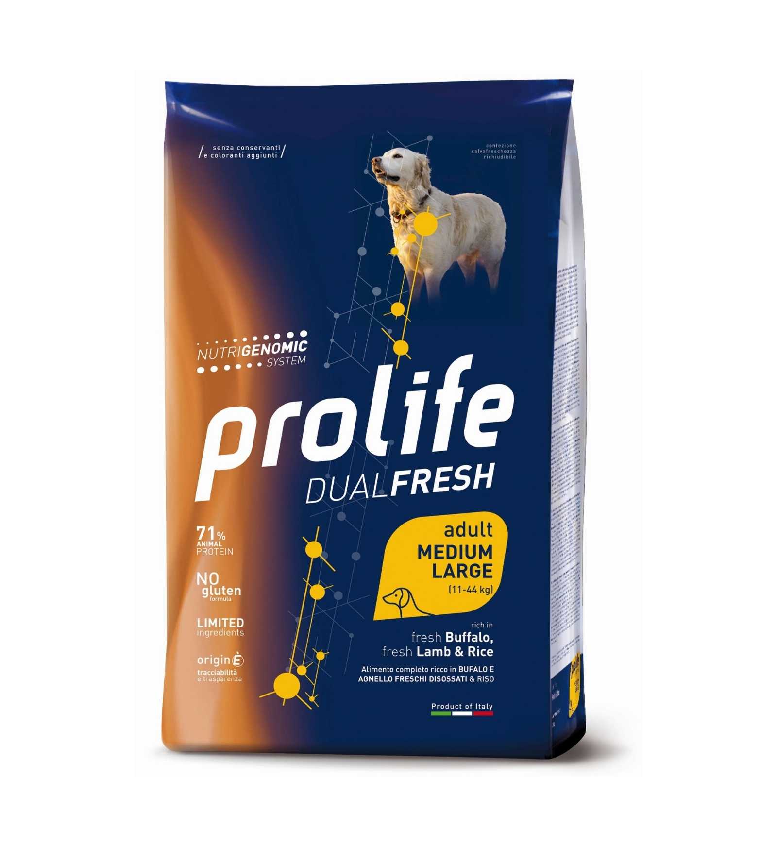 PROLIFE CANE ADULT MEDIUM LARGE DUAL FRESH AL BUFALO, AGNELLO E RISO DA 12 KG