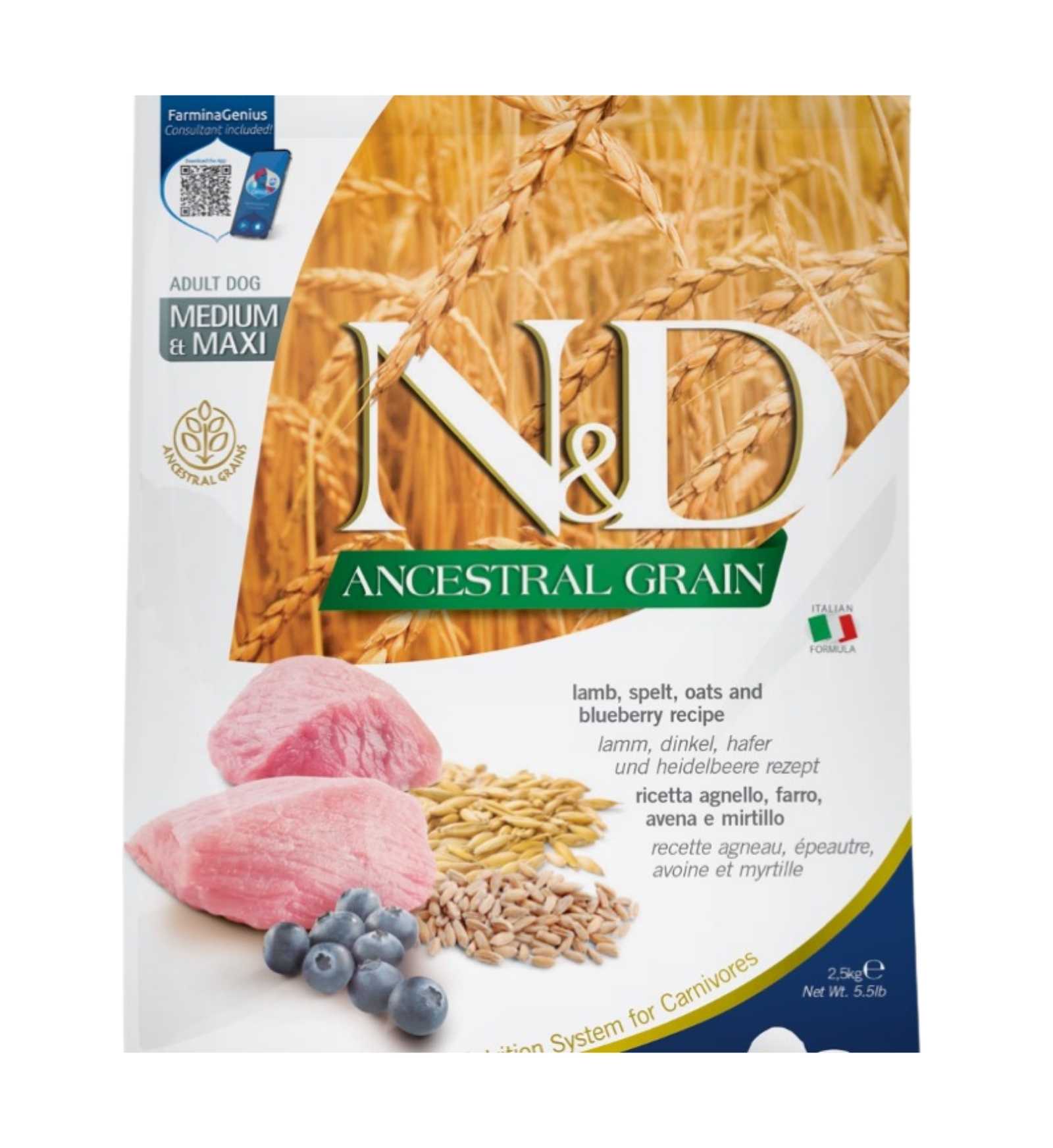 FARMINA N&D CANE ANCESTRAL LOW GRAIN ADULT MEDIUM & MAXI AGNELLO E MIRTILLO