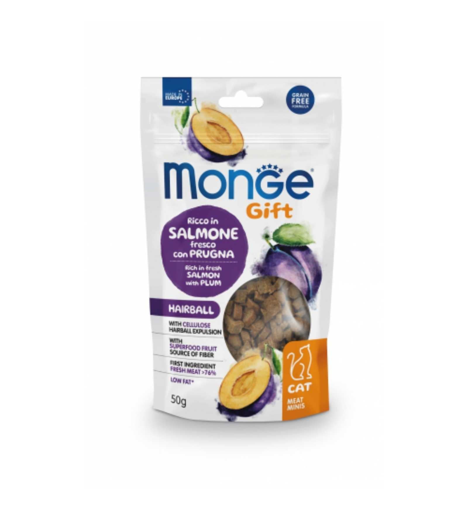 MONGE GATTO SNACK MEATMINIS HAIRBALL RICCO IN SALMONE FRESCO CON PRUGNE DA 50 GR