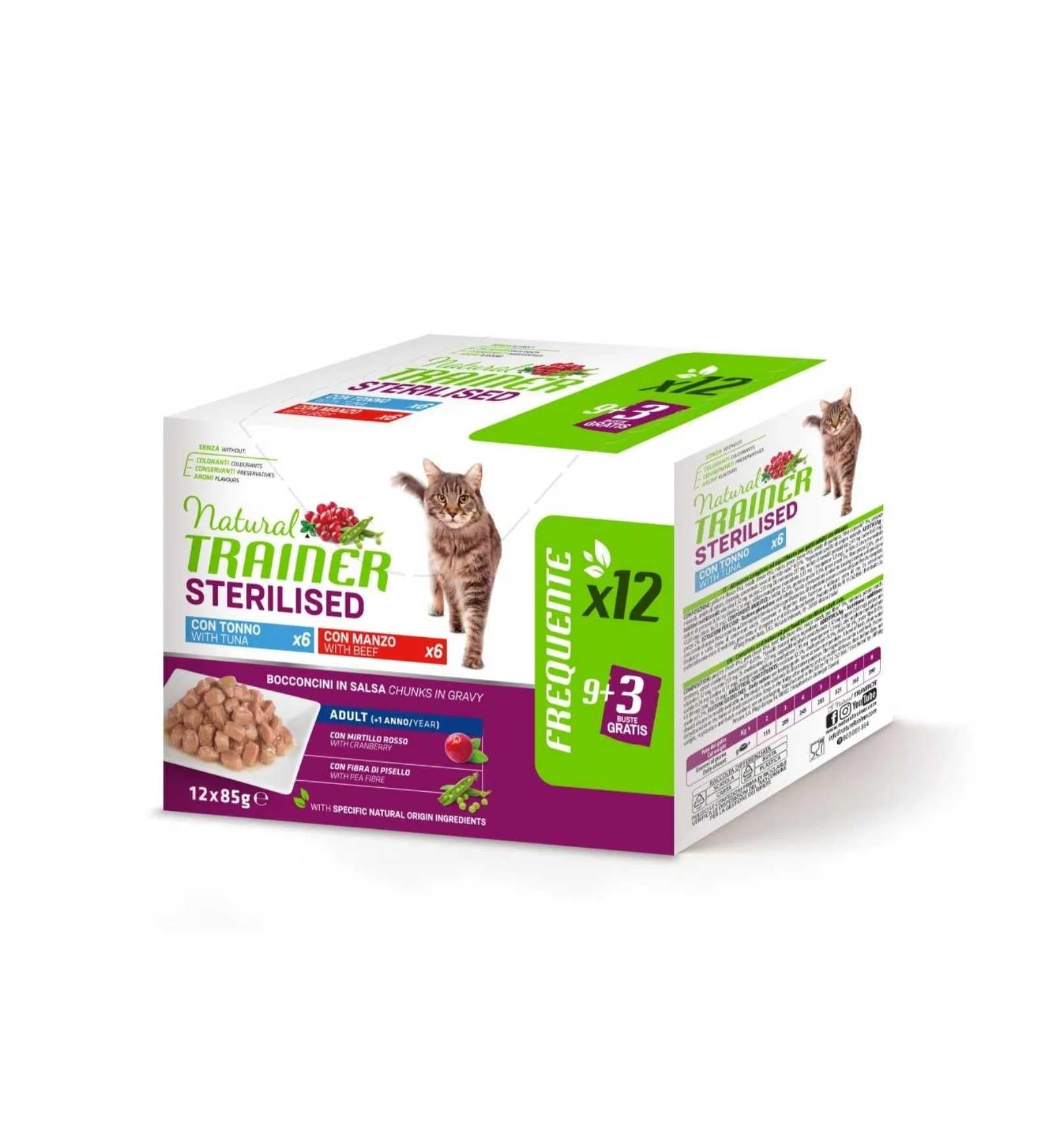 TRAINER GATTO NATURAL ADULT STERILIZZATO TONNO E MANZO 12 BUSTE DA 85 GR