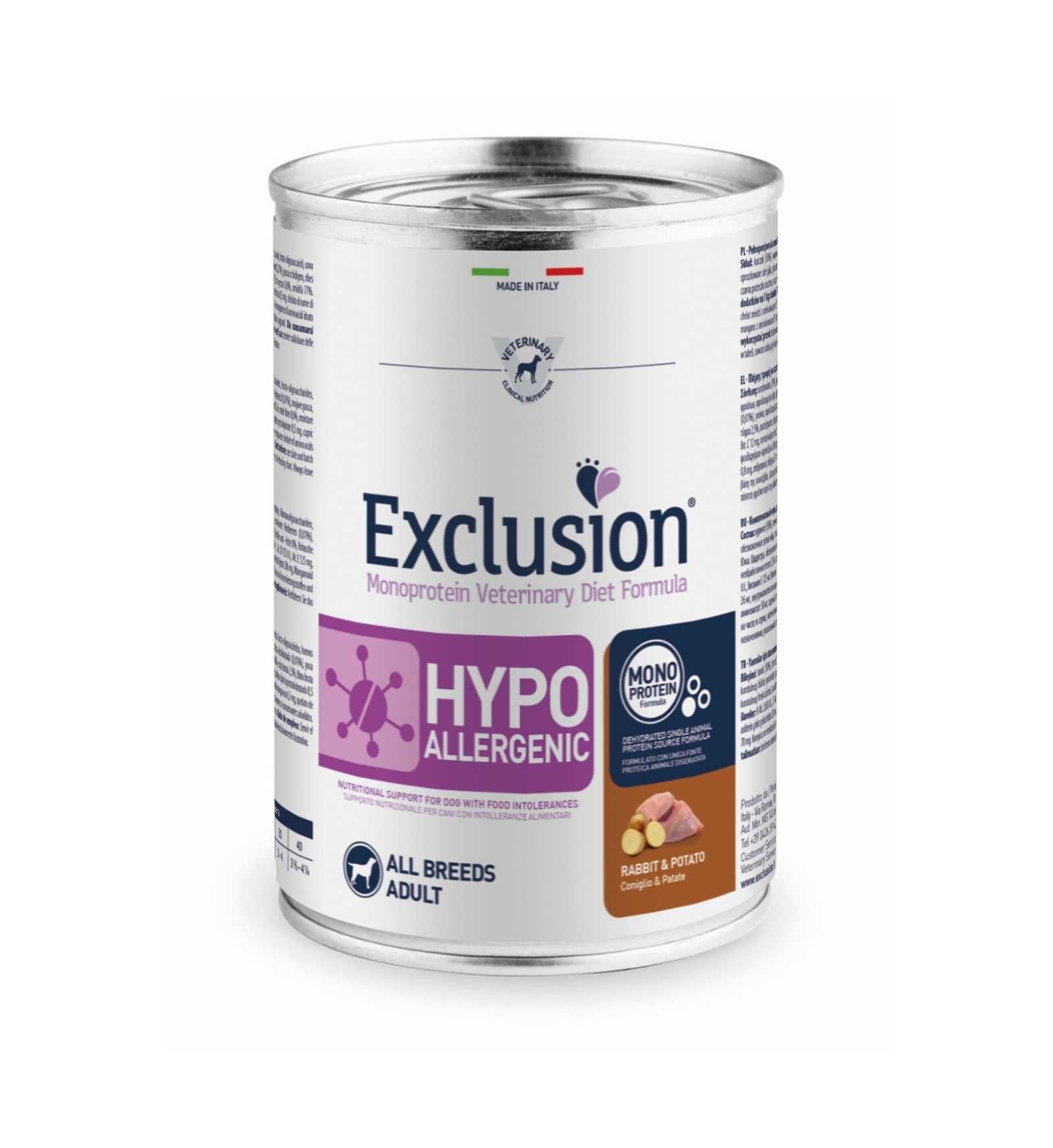 EXCLUSION CANE DIET ADULT ALL BREEDS HYPOALLERGENIC CONIGLIO E PATATE DA 400 GR IN LATTINA