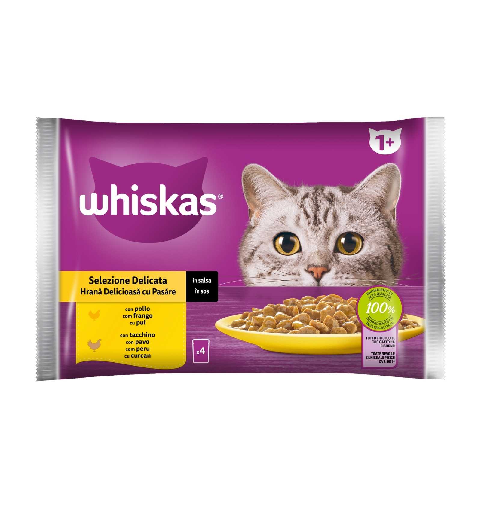 WHISKAS GATTO SELEZIONE DELICATA IN SALSA CON POLLO E CON TACCHINO 4 BUSTE DA 85 GR