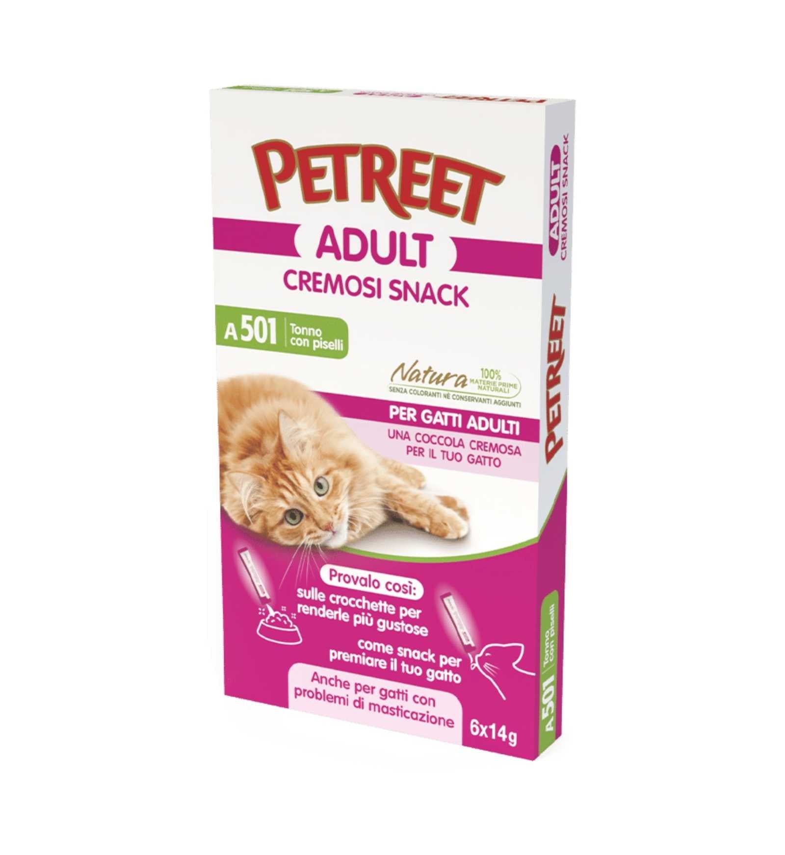 PETREET GATTO SNACK CREMOSI A501 TONNO E PISELLI 14 GR x 6 BUSTINE