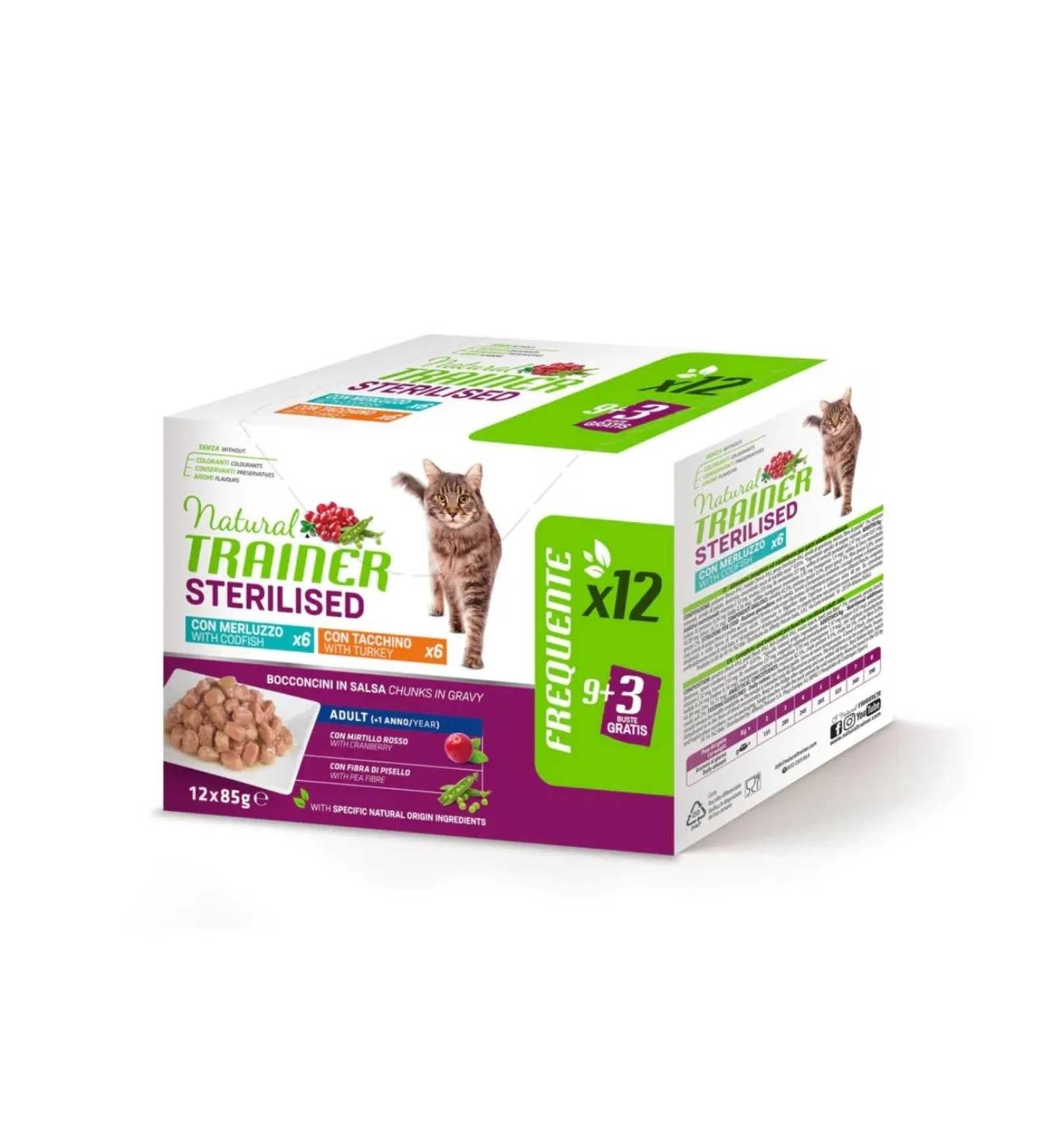 TRAINER GATTO NATURAL ADULT STERILIZZATO MERLUZZO E TACCHINO 12 BUSTE DA 85 GR