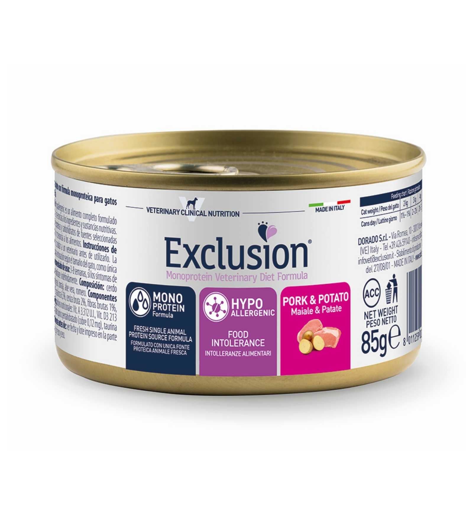 EXCLUSION GATTO DIET ADULT HYPOALLERGENIC MAIALE E PATATE DA 85 GR IN LATTINA