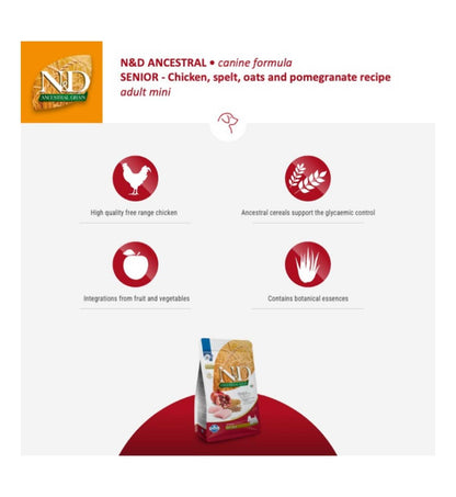 FARMINA N&D ANCESTRAL GRAIN LOW GRAIN CANE SENIOR MINI POLLO, FARRO, AVENA E MELOGRANO DA 2,5 KG