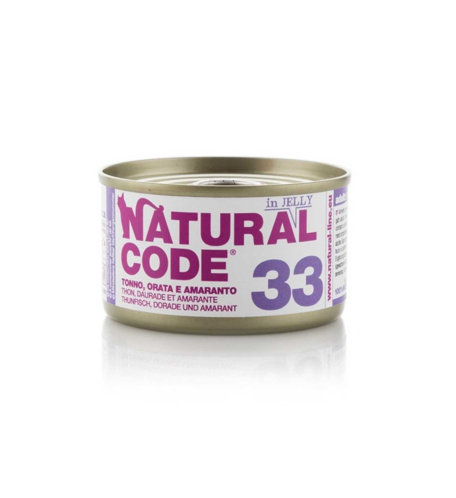 NATURAL CODE GATTO 33 TONNO ORATA E MELA IN GELATINA DA 85 GR IN LATTINA