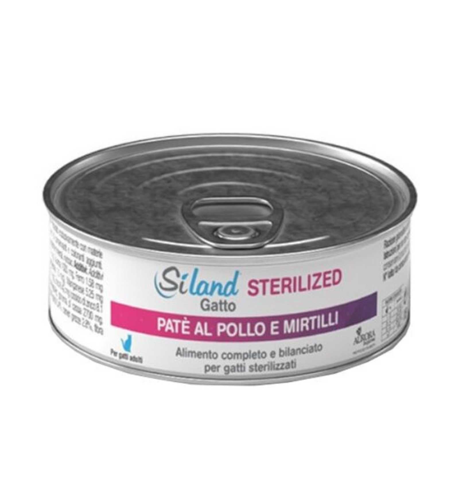 AURORA BIOFARMA SILAND GATTO STERILIZZATO ADULT POLLO E MIRTILLO DA 85 GR IN LATTINA