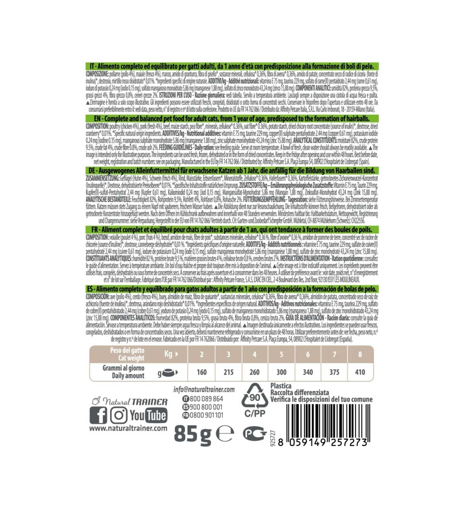 TRAINER GATTO NATURAL ADULT HAIRBALL CON POLLO BOCCONCINI IN SALSA DA 85 GR IN BUSTA