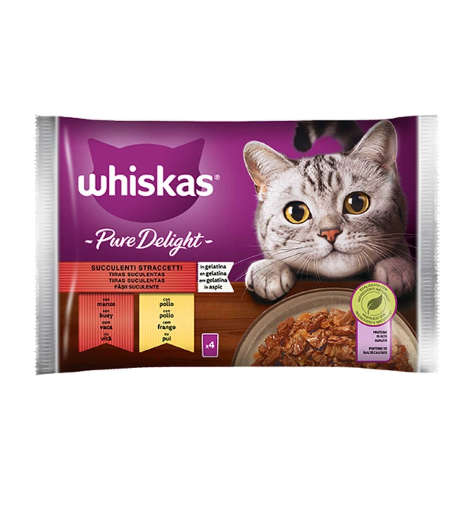 WHISKAS GATTO PURE DELIGHT SUCCULENTI STRACCETTI CON MANZO E POLLO 4 BUSTE DA 85 GR