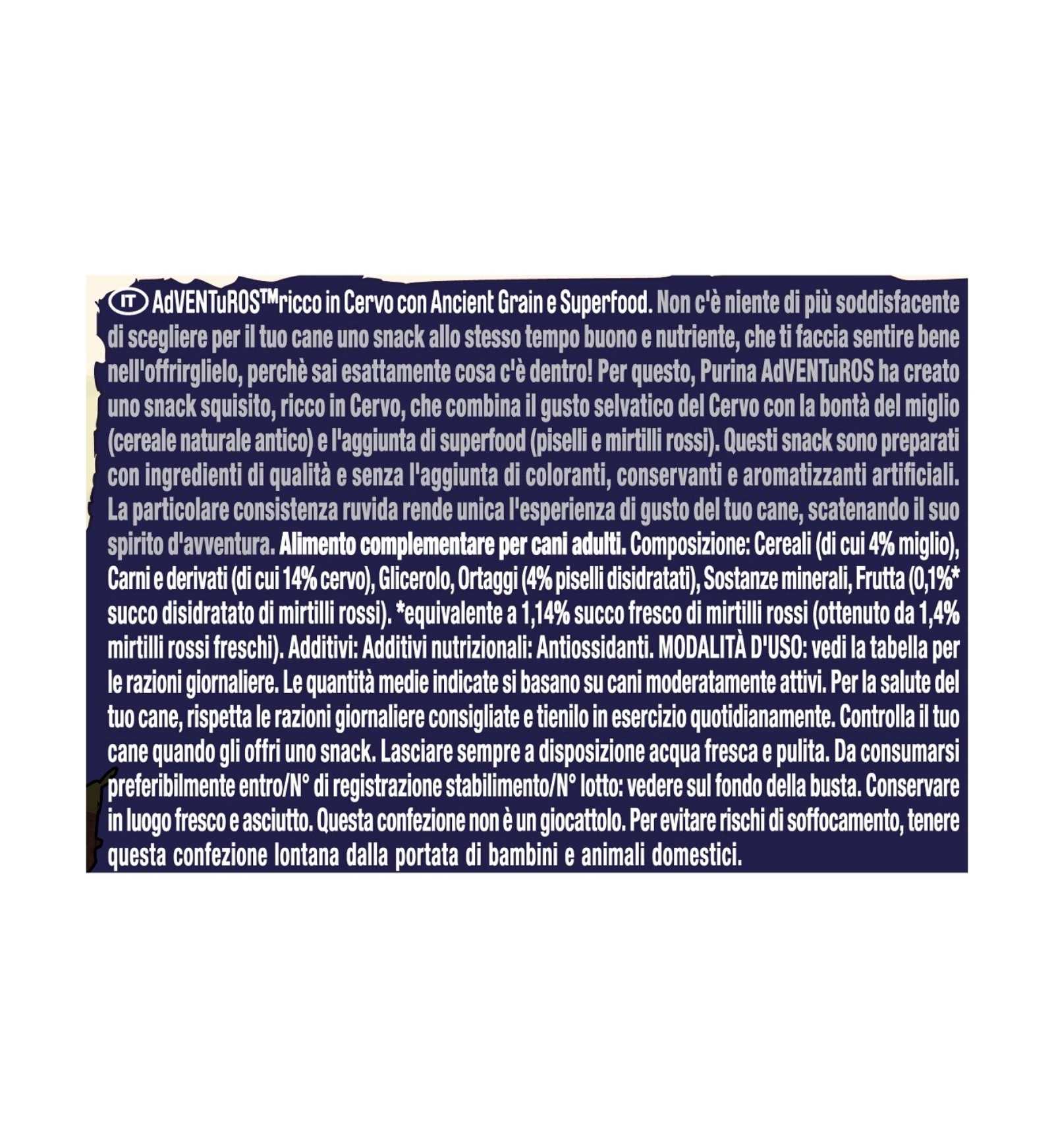 PURINA ADVENTUROS SNACK CANE RICCO IN CERVO CON ANCIENT GRAIN E SUPERFOOD DA 120 GR