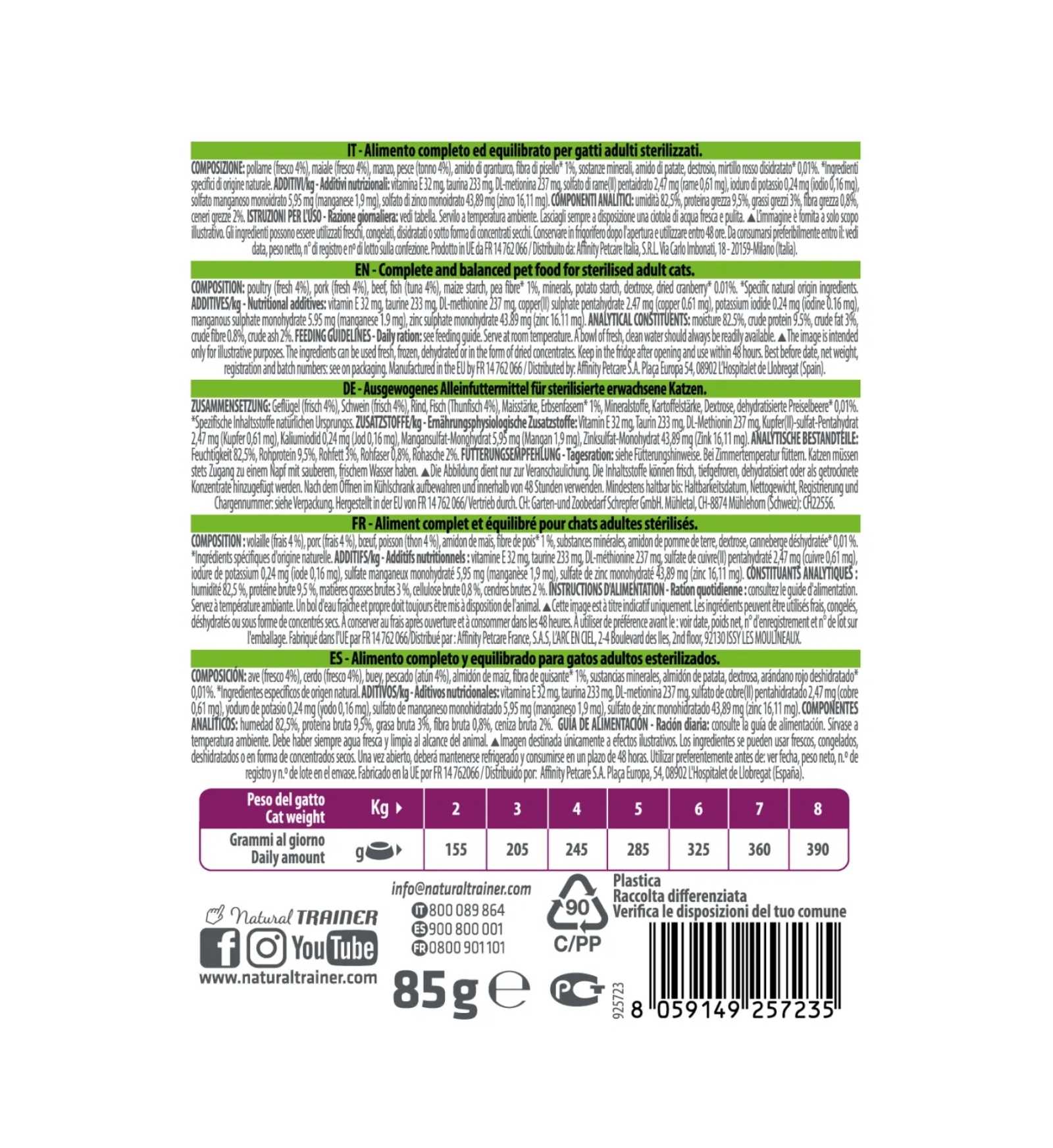 TRAINER GATTO NATURAL ADULT STERILIZZATO CON TONNO BOCCONCINI IN SALSA DA 85 GR IN BUSTA
