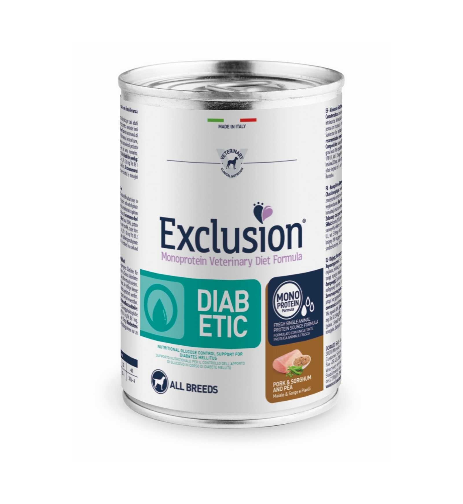 EXCLUSION CANE DIET ADULT ALL BREEDS DIABETIC MAIALE E PISELLI DA 400 GR IN LATTINA