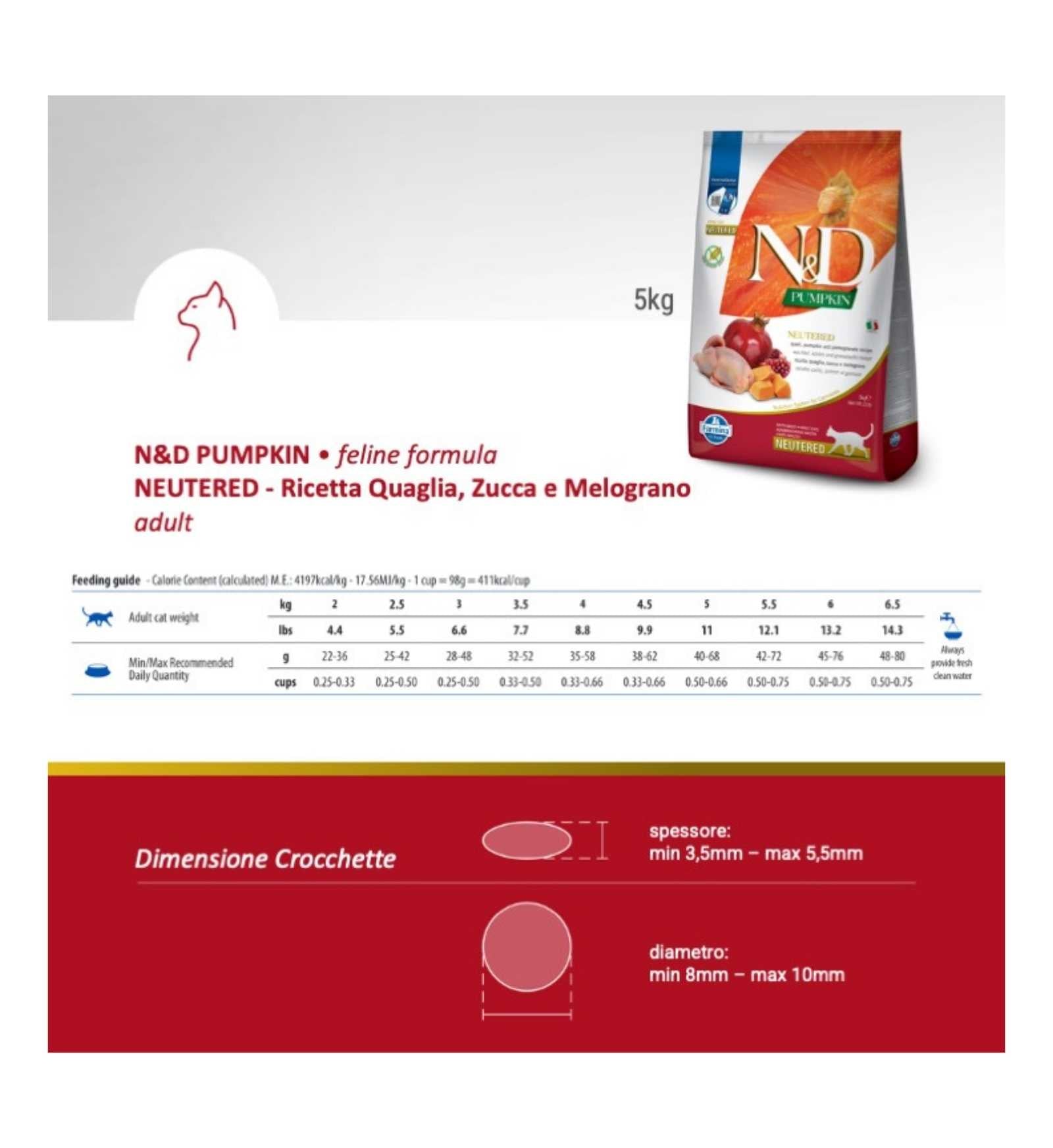 FARMINA N&D PUMPKIN GATTO NEUTERED GRAIN FREE ADULT QUAGLIA ZUCCA E MELOGRANO