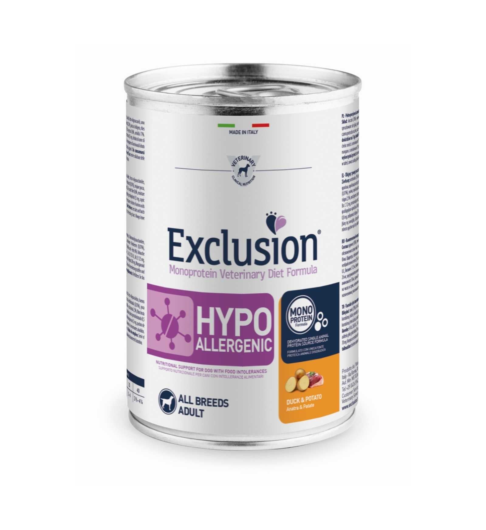 EXCLUSION CANE DIET ADULT ALL BREEDS HYPOALLERGENIC ANATRA E PATATE DA 400 GR IN LATTINA