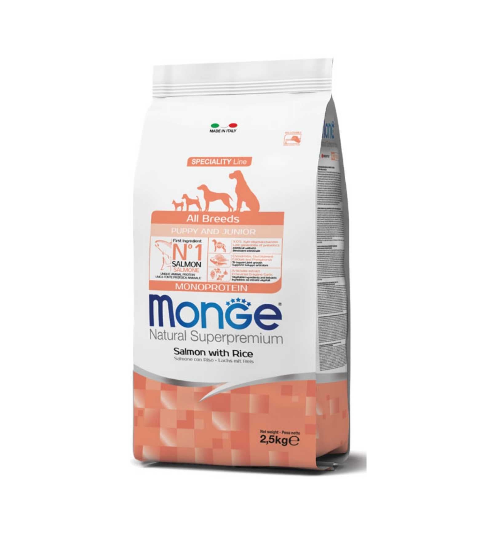 MONGE SUPERPREMIUM CANE PUPPY & JUNIOR ALL BREEDS SALMONE E RISO