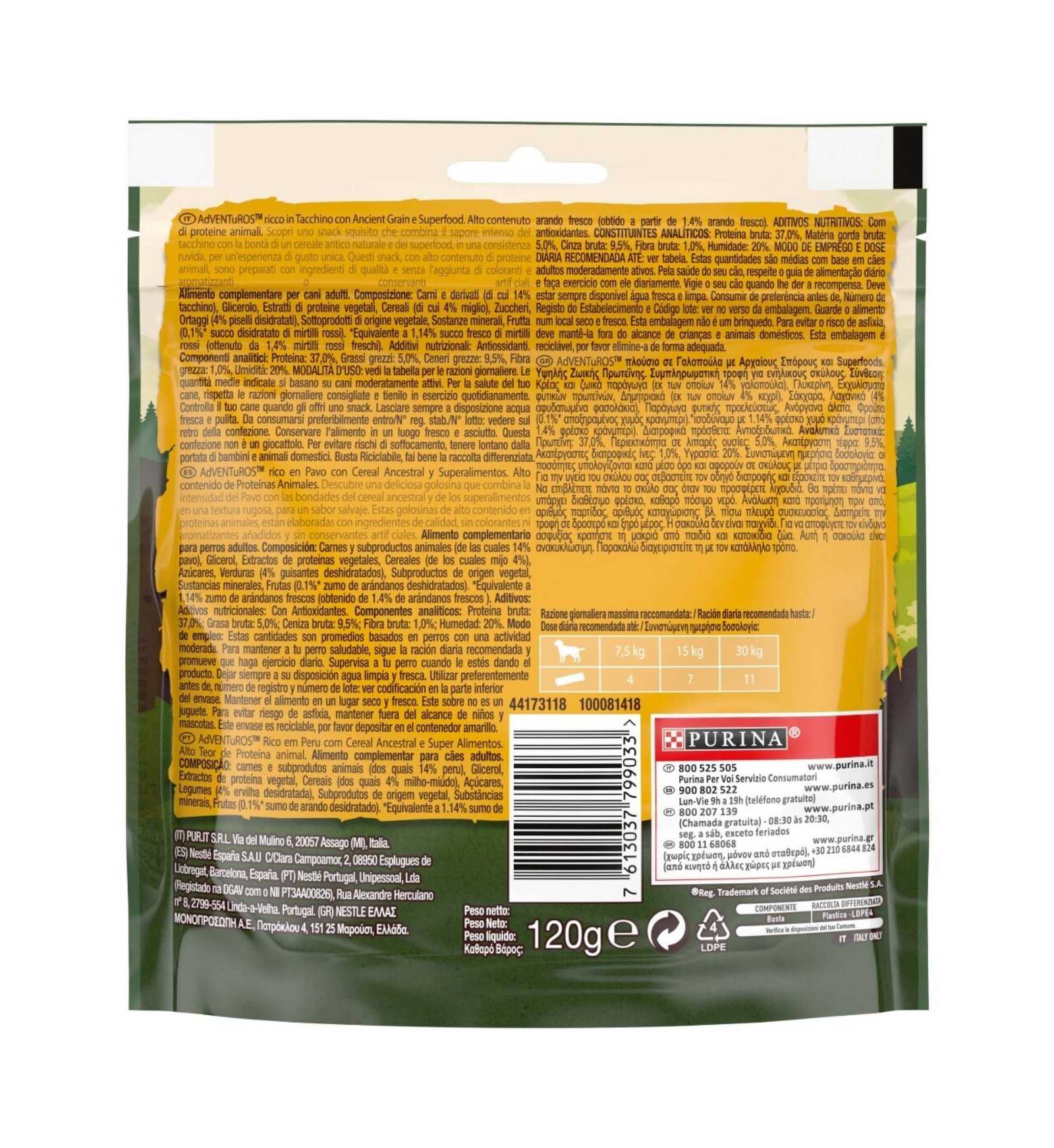 PURINA ADVENTUROS SNACK CANE RICCO IN TACCHINO CON ANCIENT GRAIN E SUPERFOOD DA 120 GR