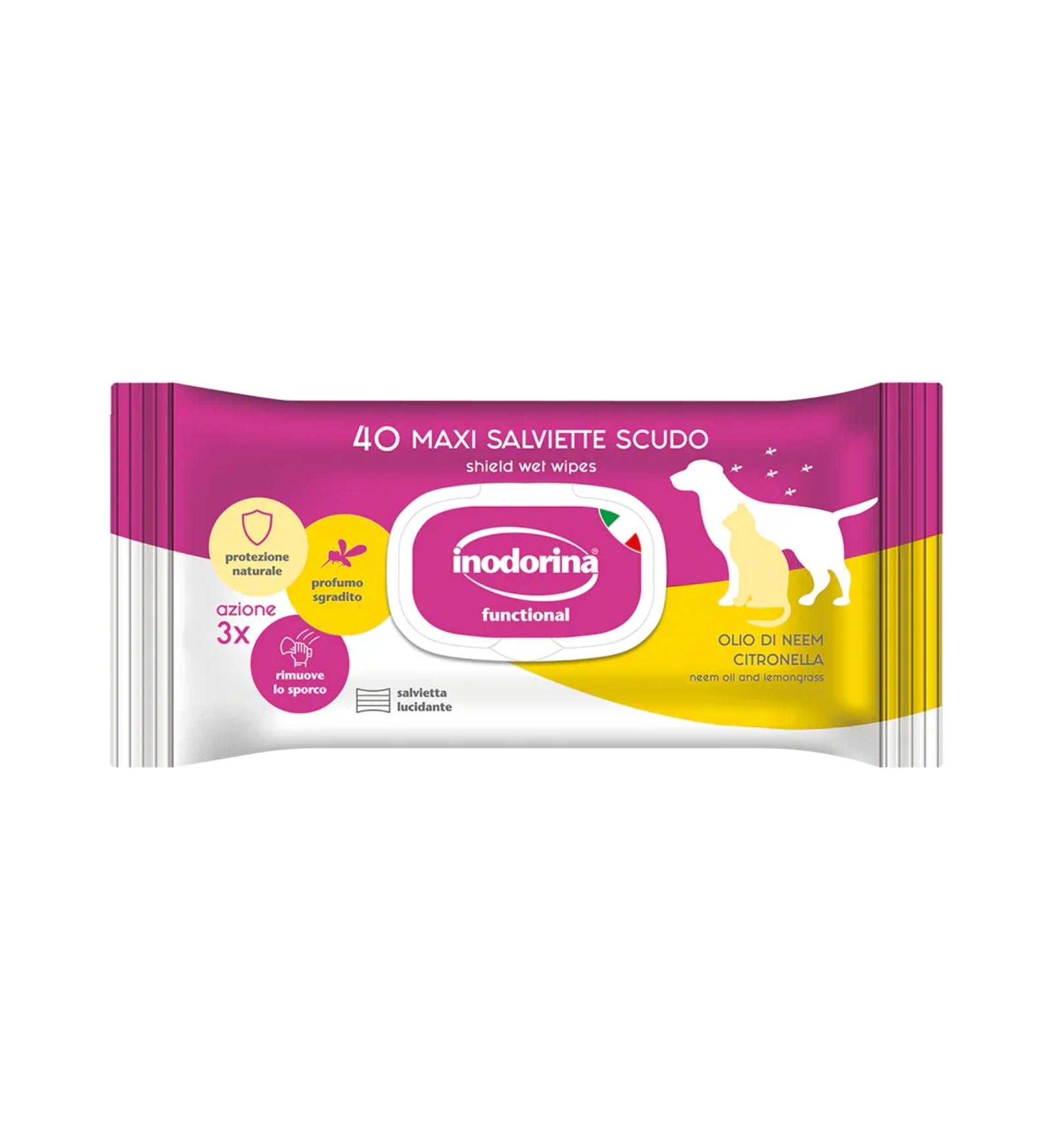 INODORINA CANE  SALVIETTE SCUDO FUNZIONALE OLIO DI NEEM E CITRONELLA DA 40 PEZZI