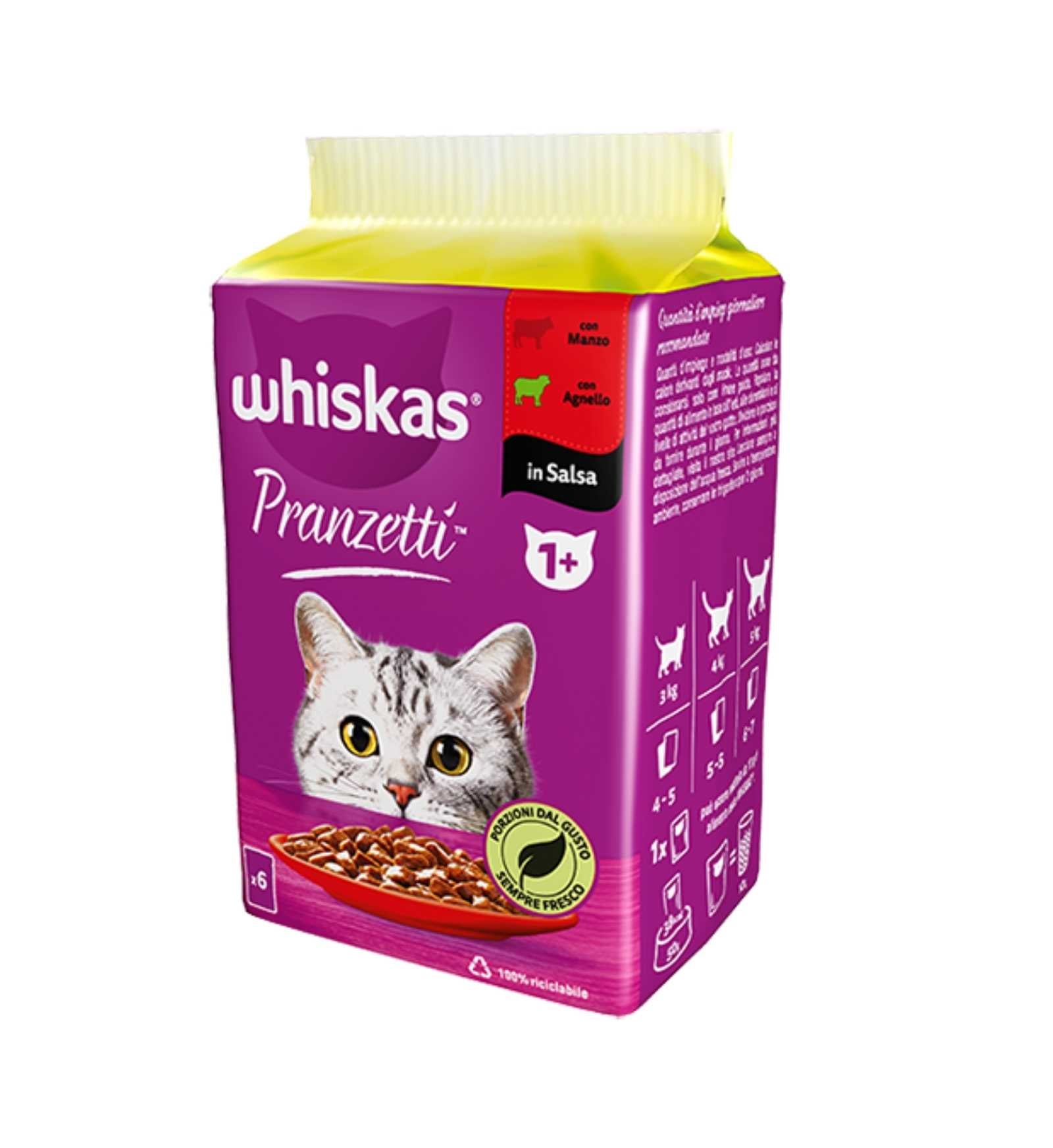 WHISKAS GATTO PRANZETTI CARNI MISTE MANZO E AGNELLO 6 BUSTE DA 50 GR