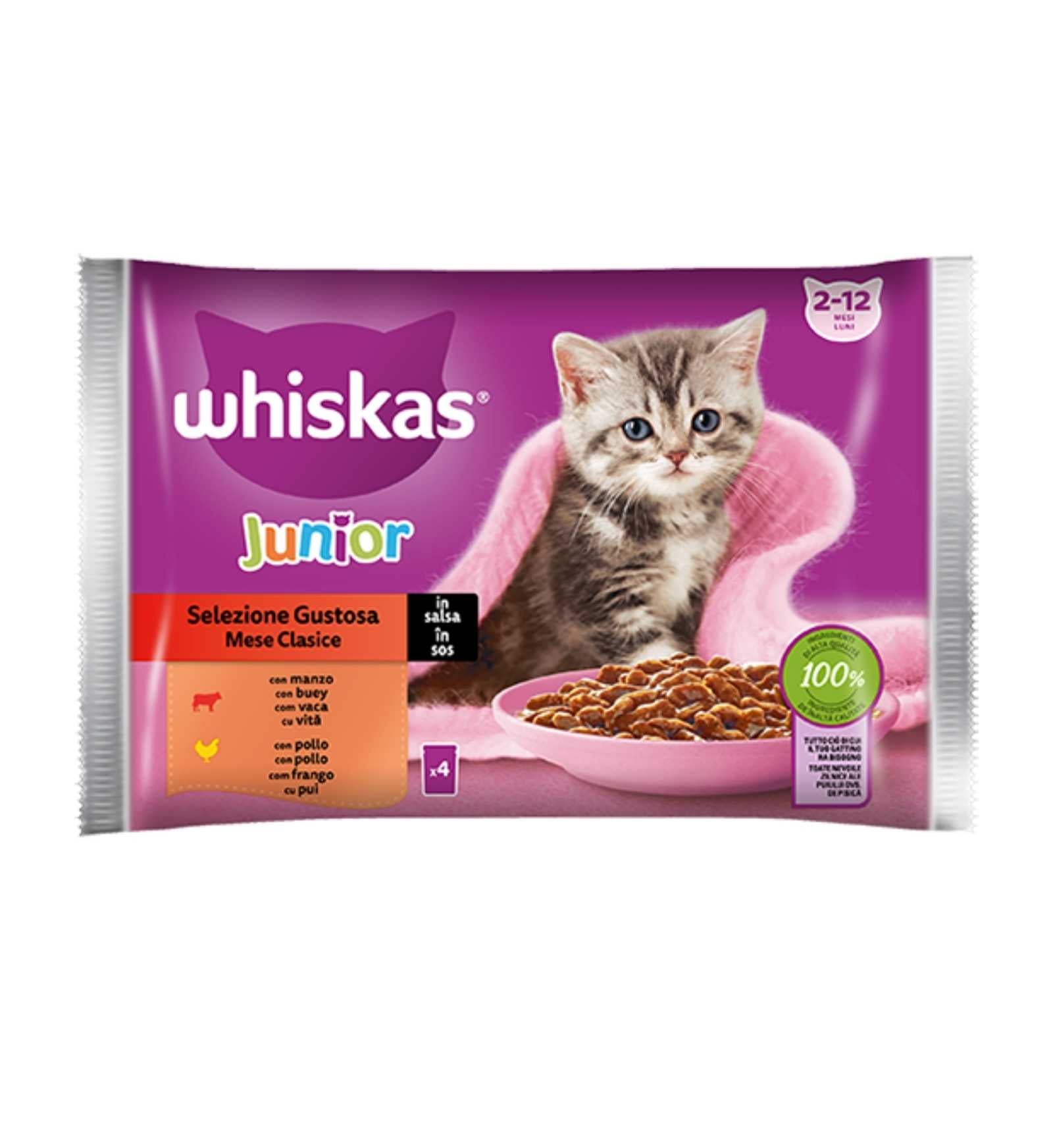 WHISKAS GATTO SELEZIONE GUSTOSA JUNIOR MANZO E POLLO 4 BUSTE DA 85 GR