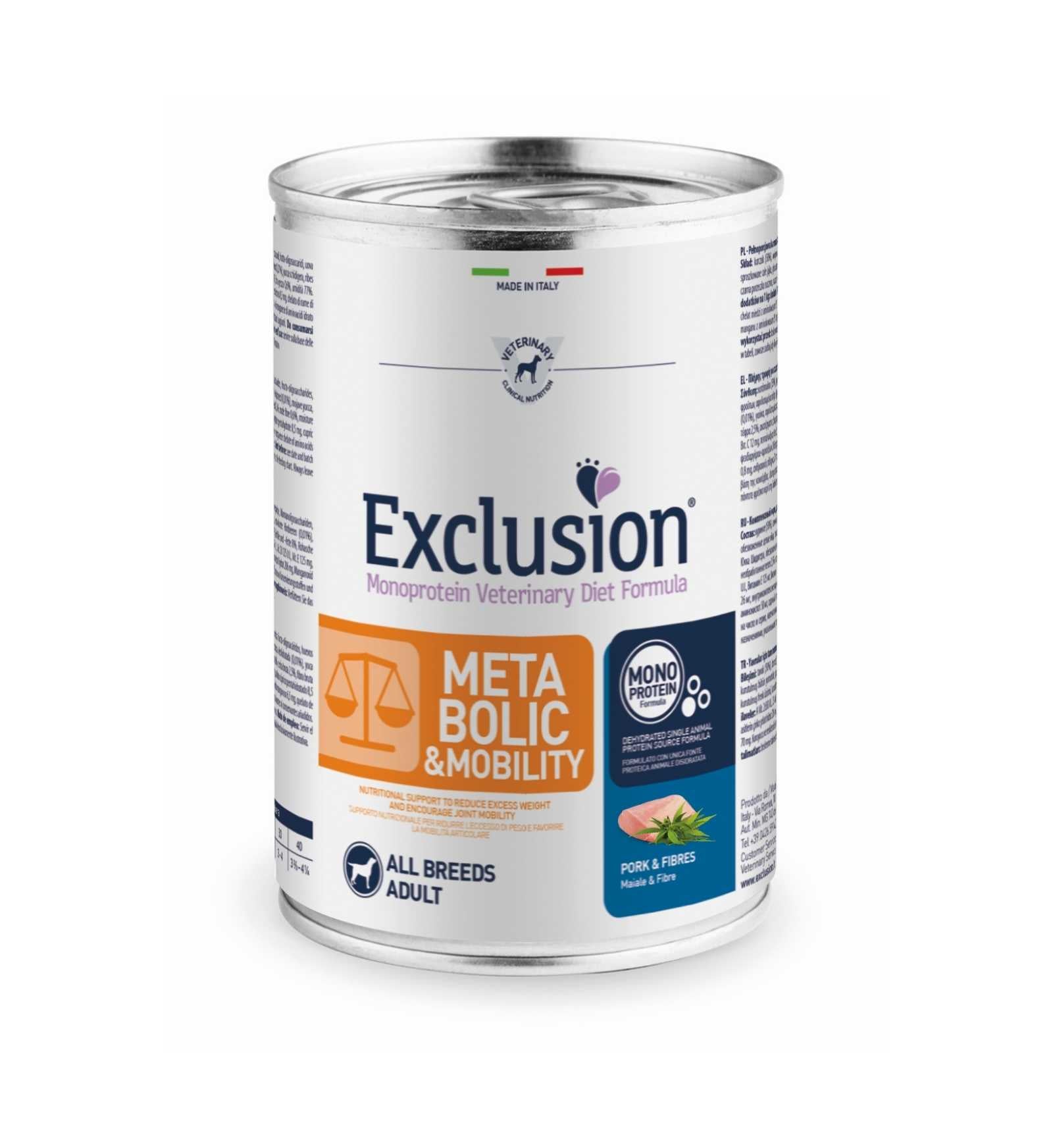EXCLUSION CANE DIET ADULT ALL BREEDS METABOLIC & MOBILITY MAIALE E FIBRE DA 400 GR IN LATTINA