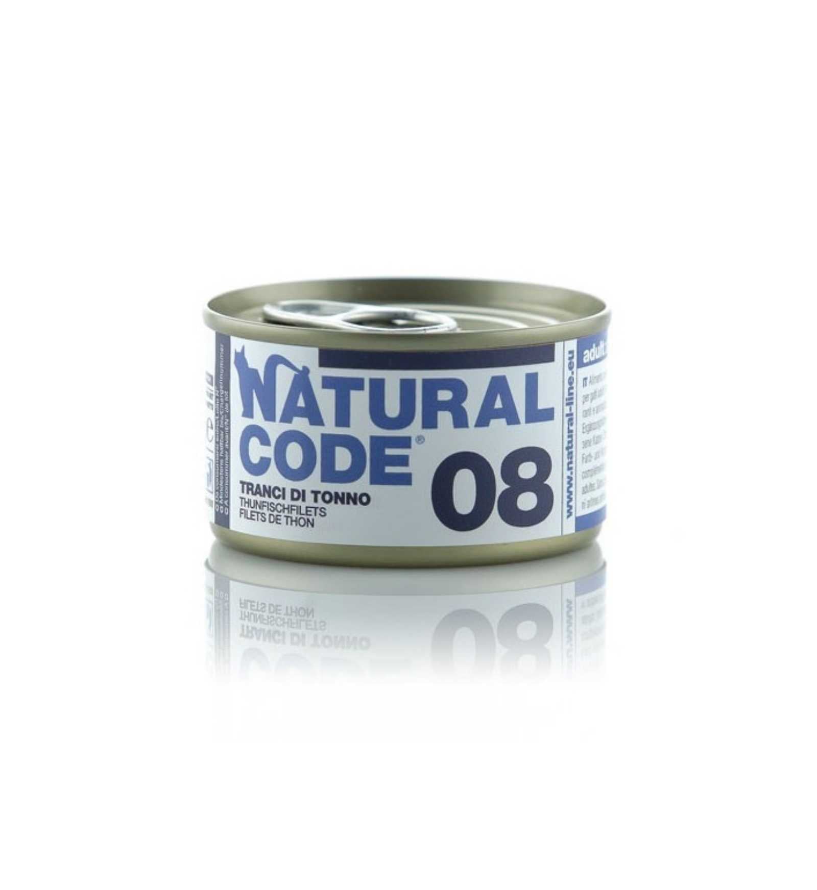 NATURAL CODE GATTO 08 TRANCI DI TONNO IN ACQUA DI COTTURA DA 85 GR IN LATTINA