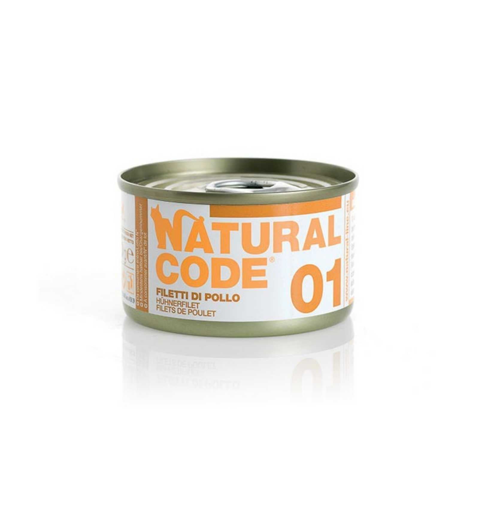NATURAL CODE GATTO 01 FILETTI DI POLLO IN ACQUA DI COTTURA DA 85 GR IN LATTINA