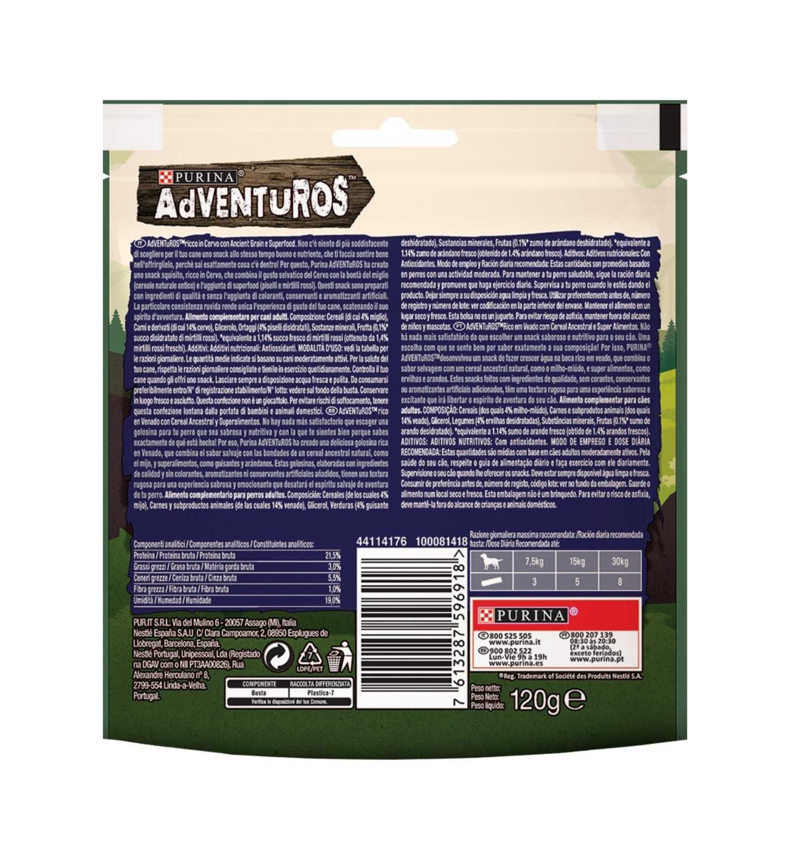 PURINA ADVENTUROS SNACK CANE RICCO IN CERVO CON ANCIENT GRAIN E SUPERFOOD DA 120 GR
