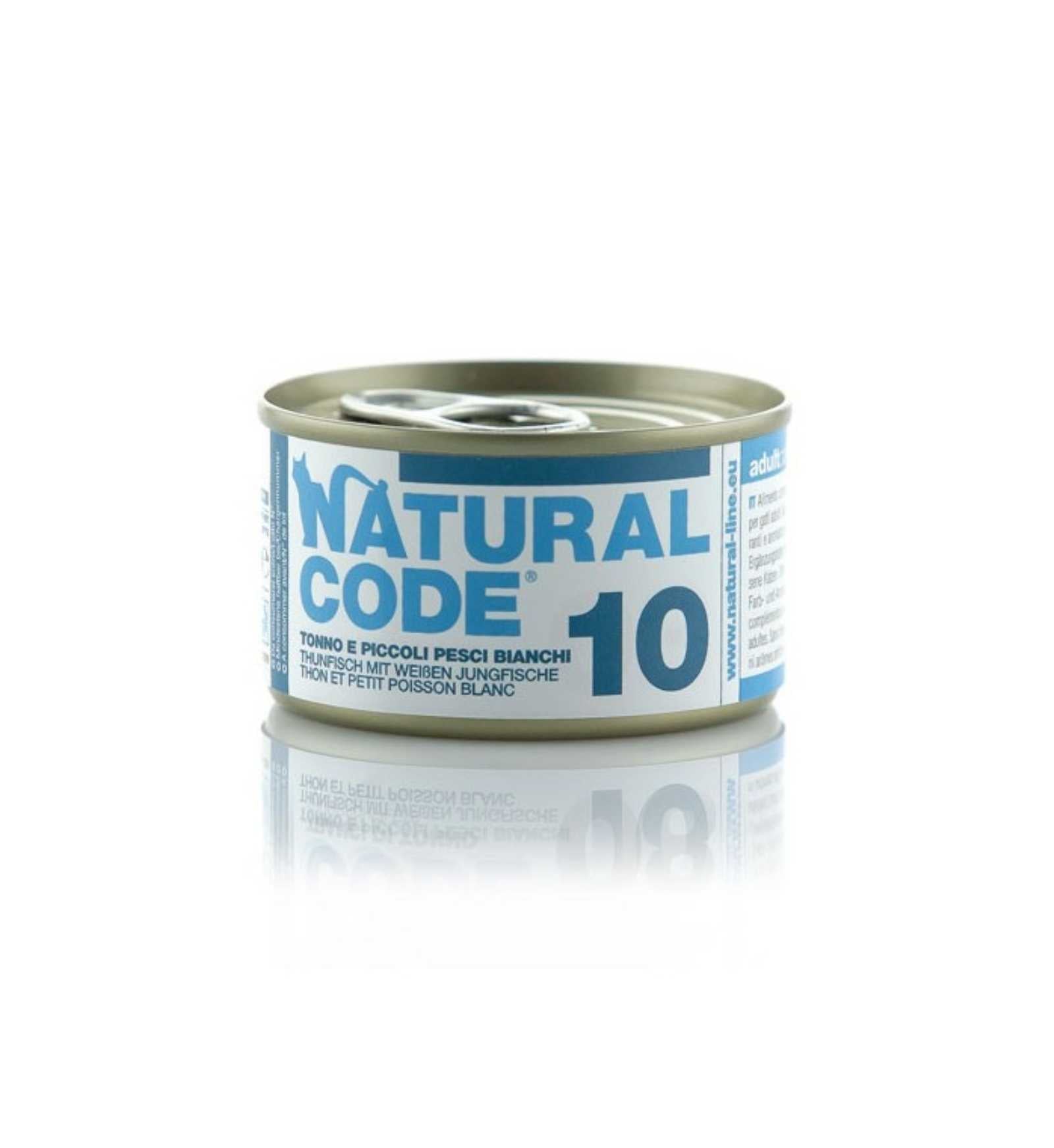 NATURAL CODE GATTO 10 TONNO E PICCOLI PESCI BIANCHI IN ACQUA DI COTTURA DA 85 GR IN LATTINA