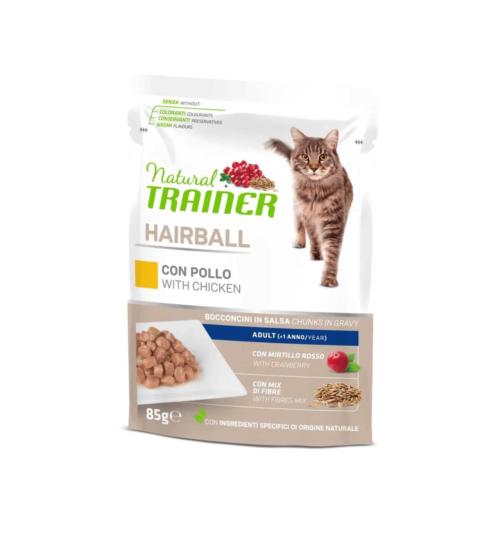 TRAINER GATTO NATURAL ADULT HAIRBALL CON POLLO BOCCONCINI IN SALSA DA 85 GR IN BUSTA