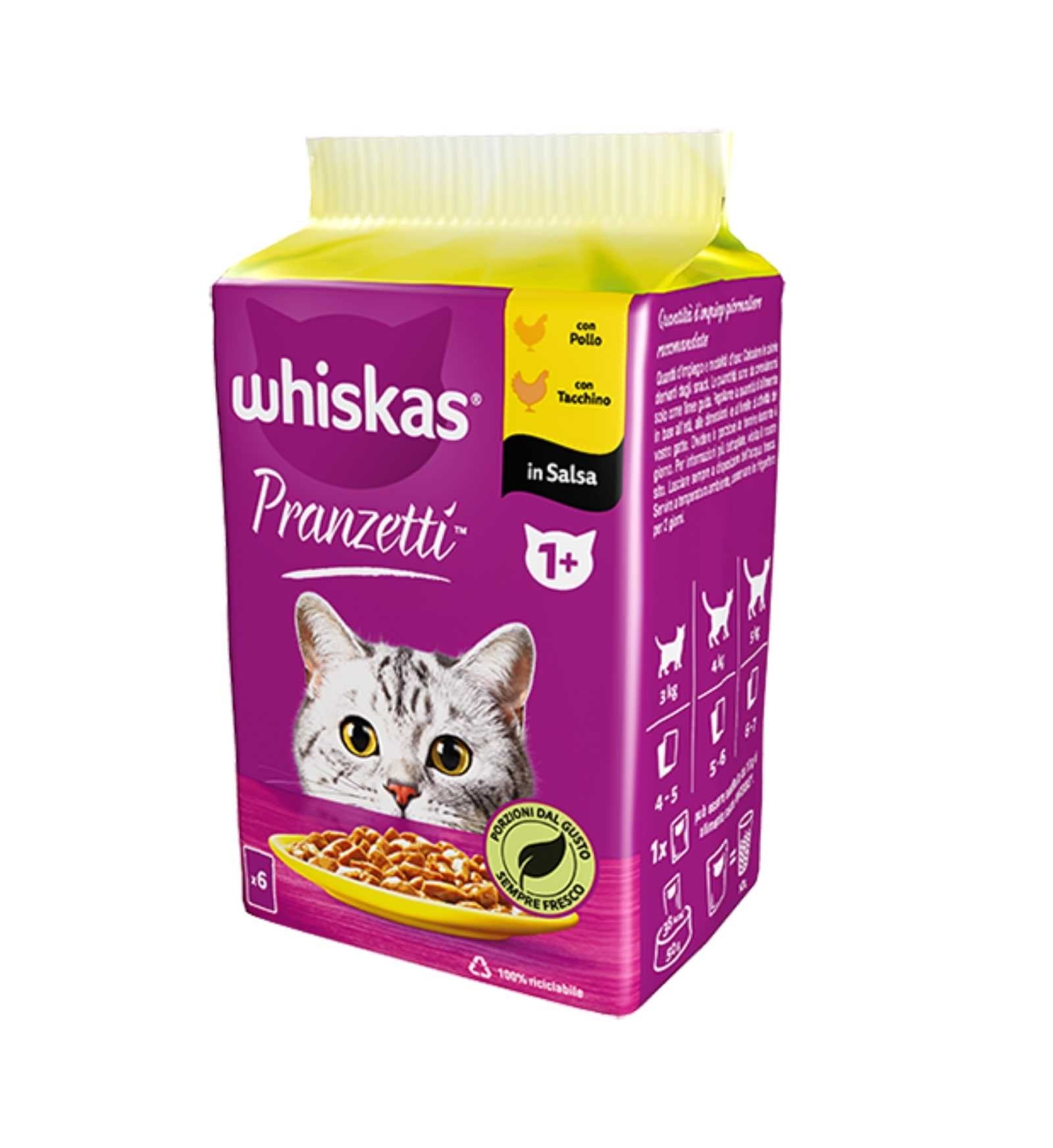 WHISKAS GATTO PRANZETTI POLLO TACCHINO CARNI BIANCHE 6 BUSTE DA 50 GR