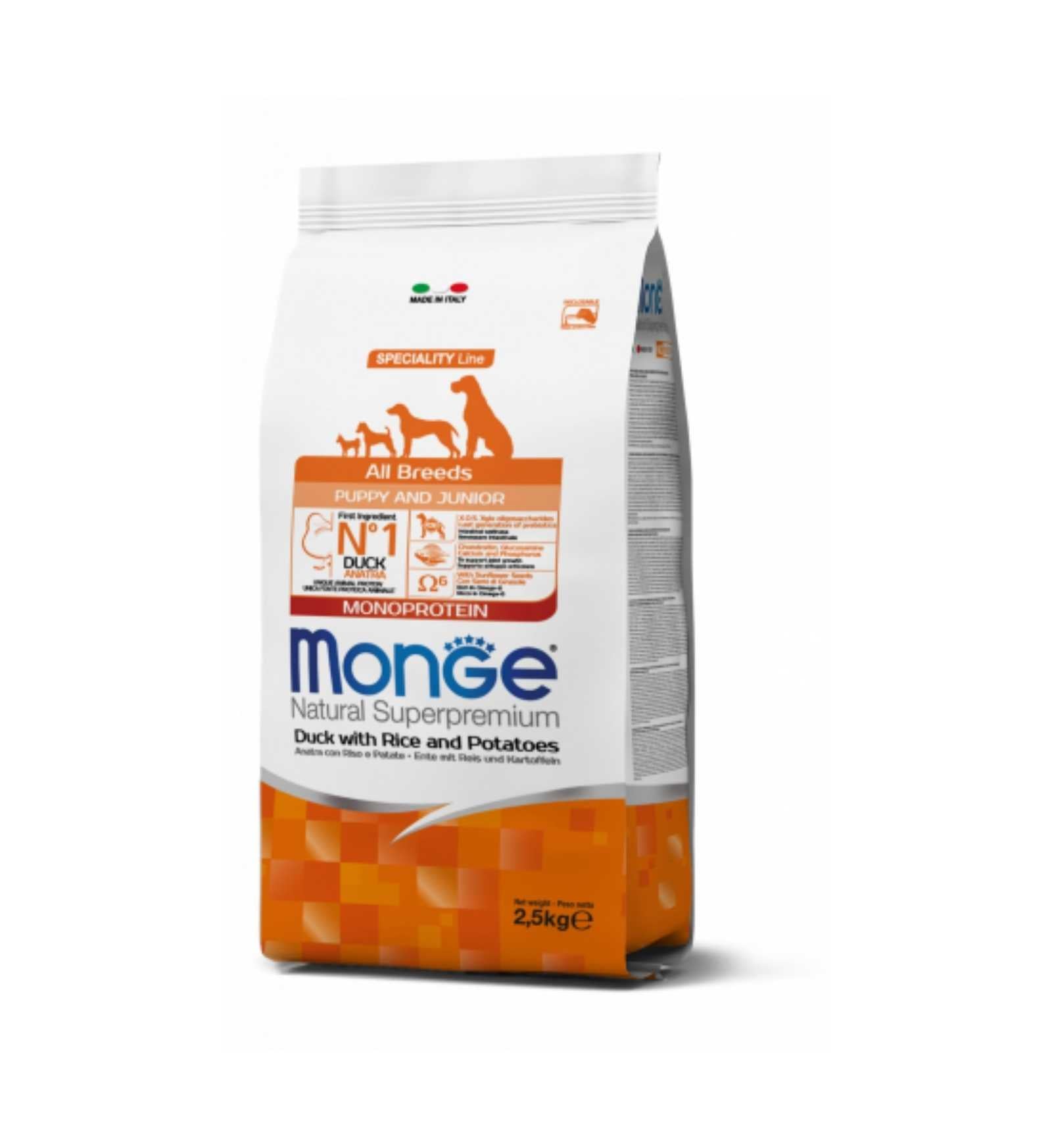 MONGE SUPERPREMIUM CANE PUPPY & JUNIOR ALL BREEDS ANATRA RISO E PATATE