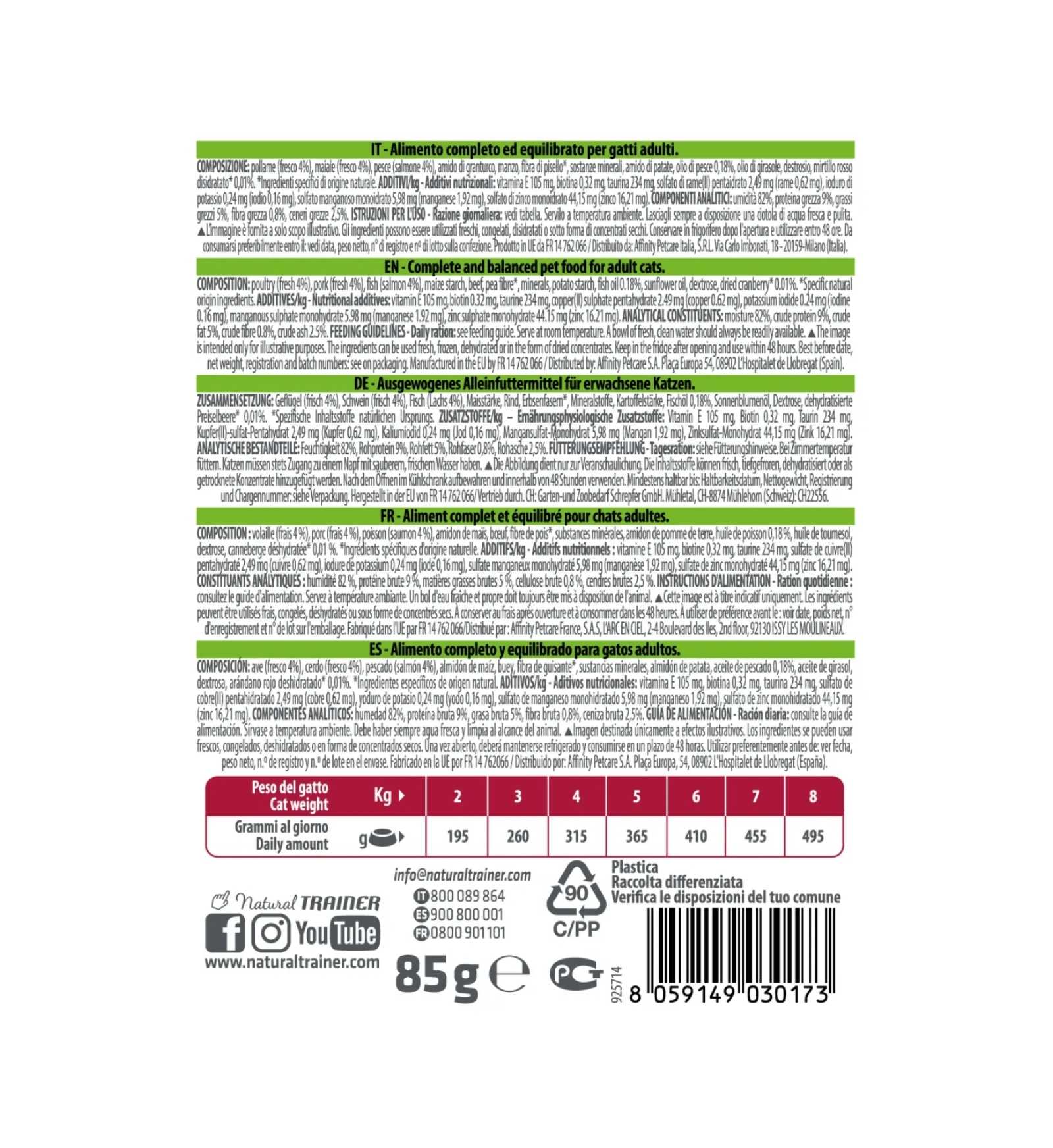 TRAINER GATTO NATURAL ADULT CON SALMONE BOCCONCINI IN SALSA 4 BUSTE DA 85 GR