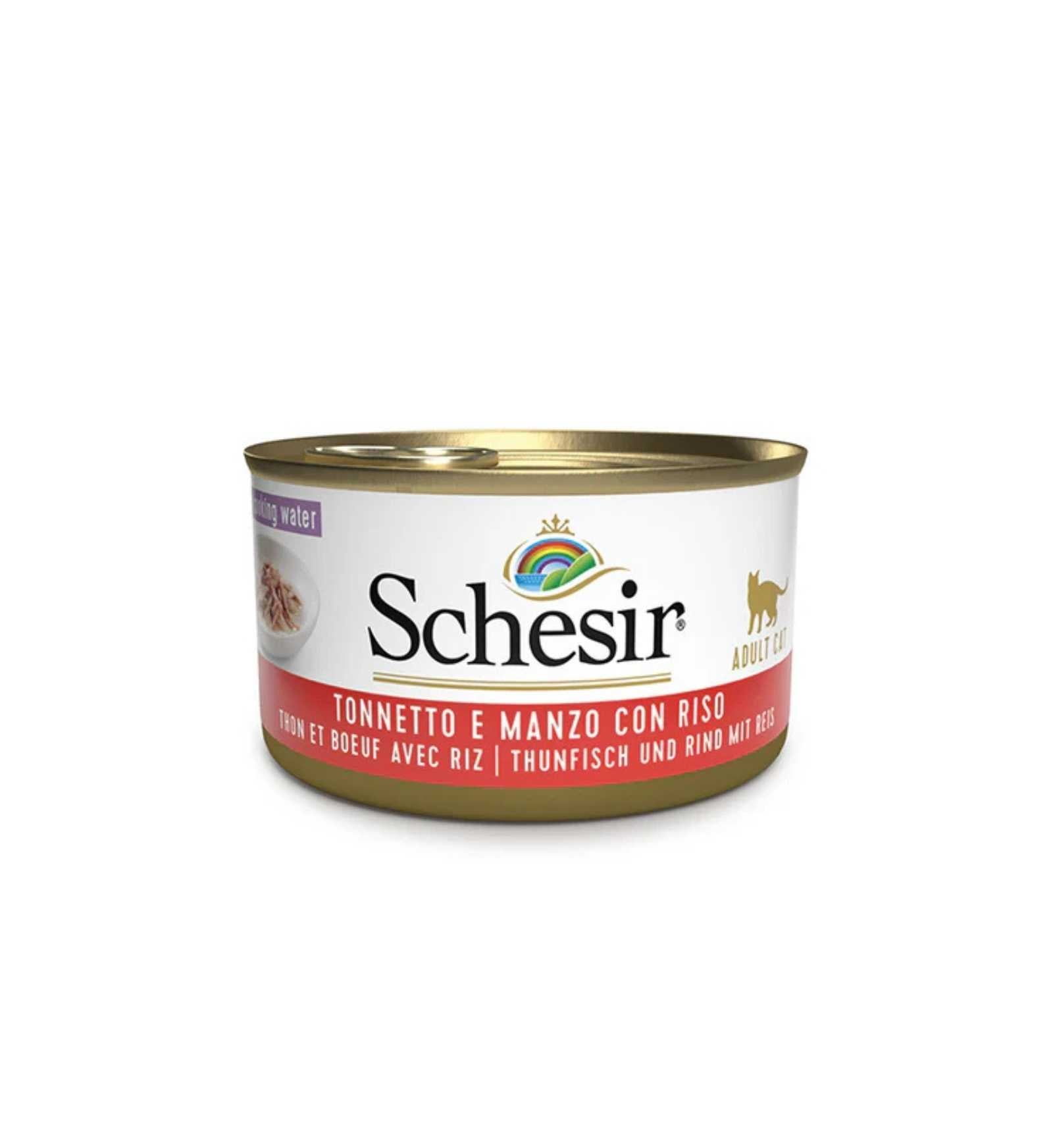SCHESIR GATTO AL TONNETTO E FILETTI DI MANZO CON RISO DA 85 GR IN LATTINA