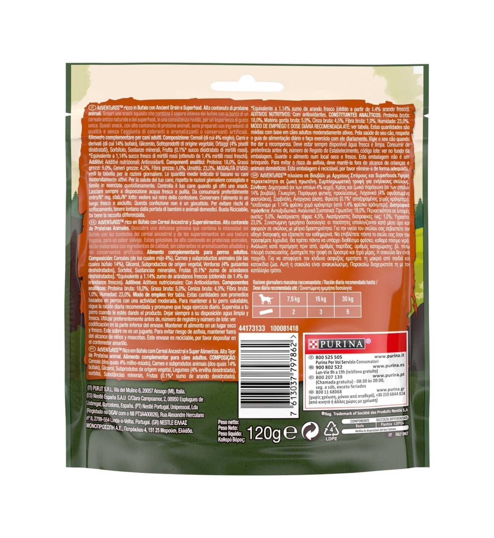 PURINA ADVENTUROS SNACK CANE RICCO IN BUFALO CON ANCIENT GRAIN E SUPERFOOD DA 120 GR