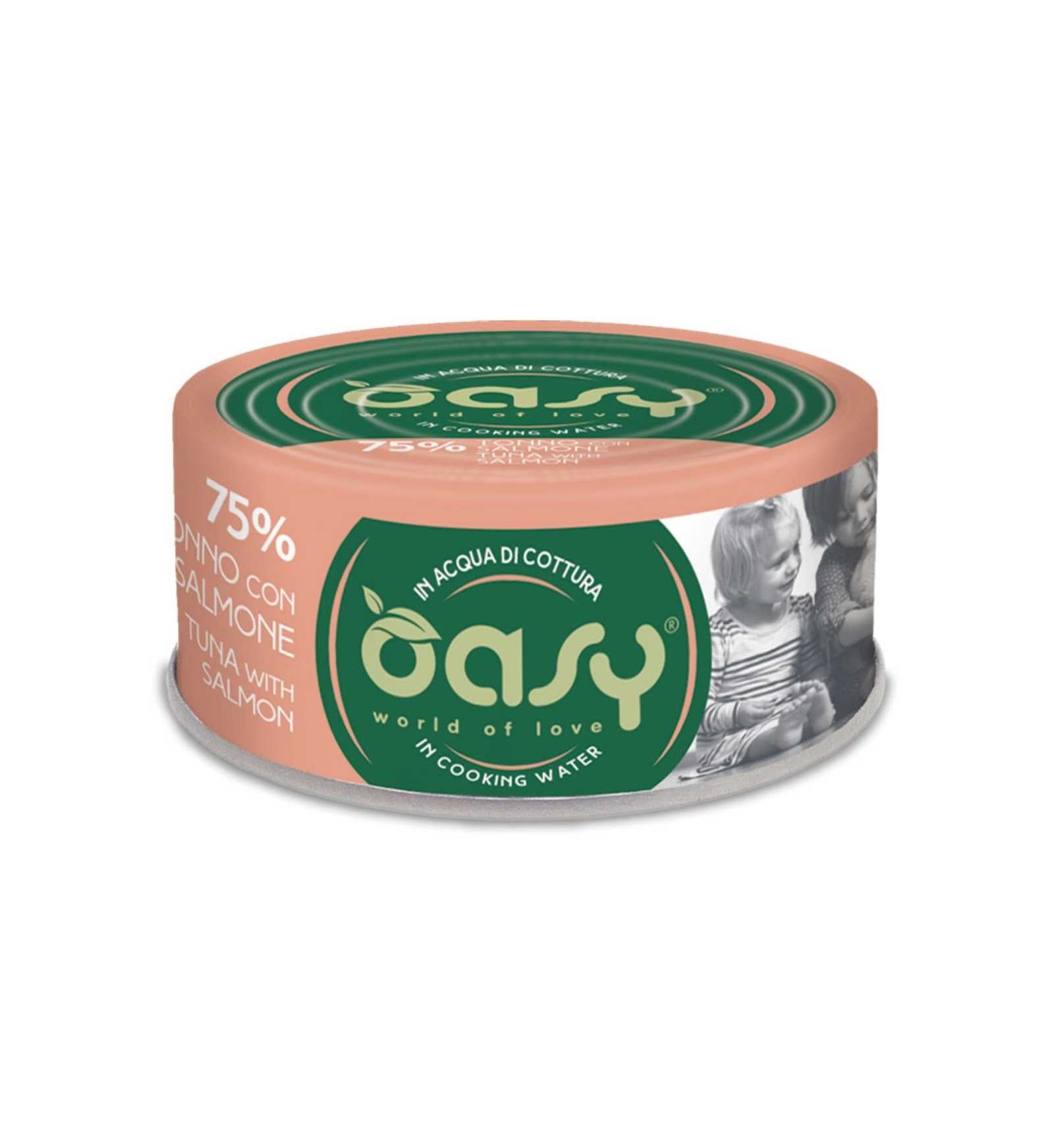 OASY GATTO TONNO CON SALMONE DA 70 GR IN LATTINA