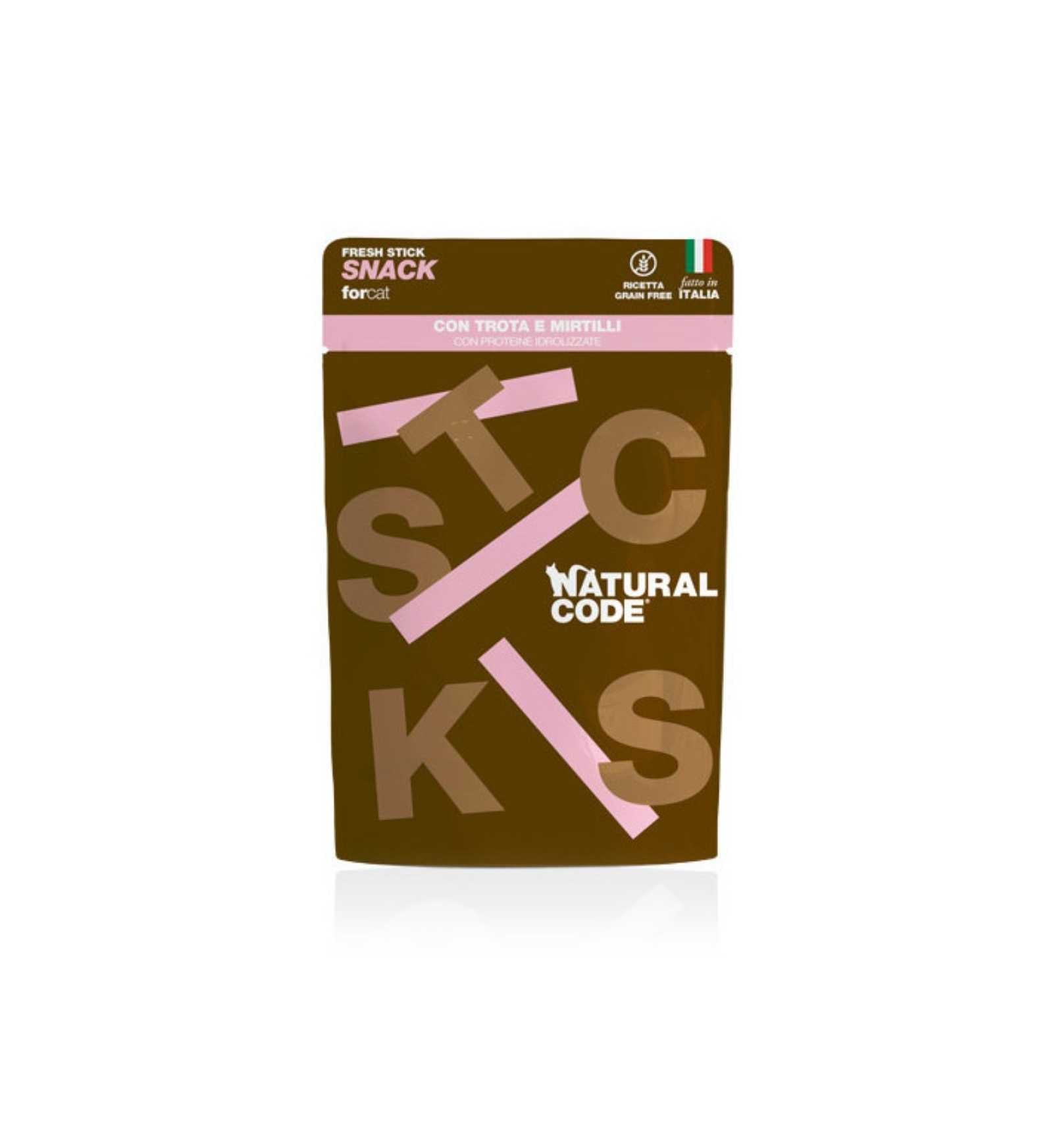 NATURAL CODE GATTO SNACK STICK TROTA E MIRTILLI DA 3 X 5 GR