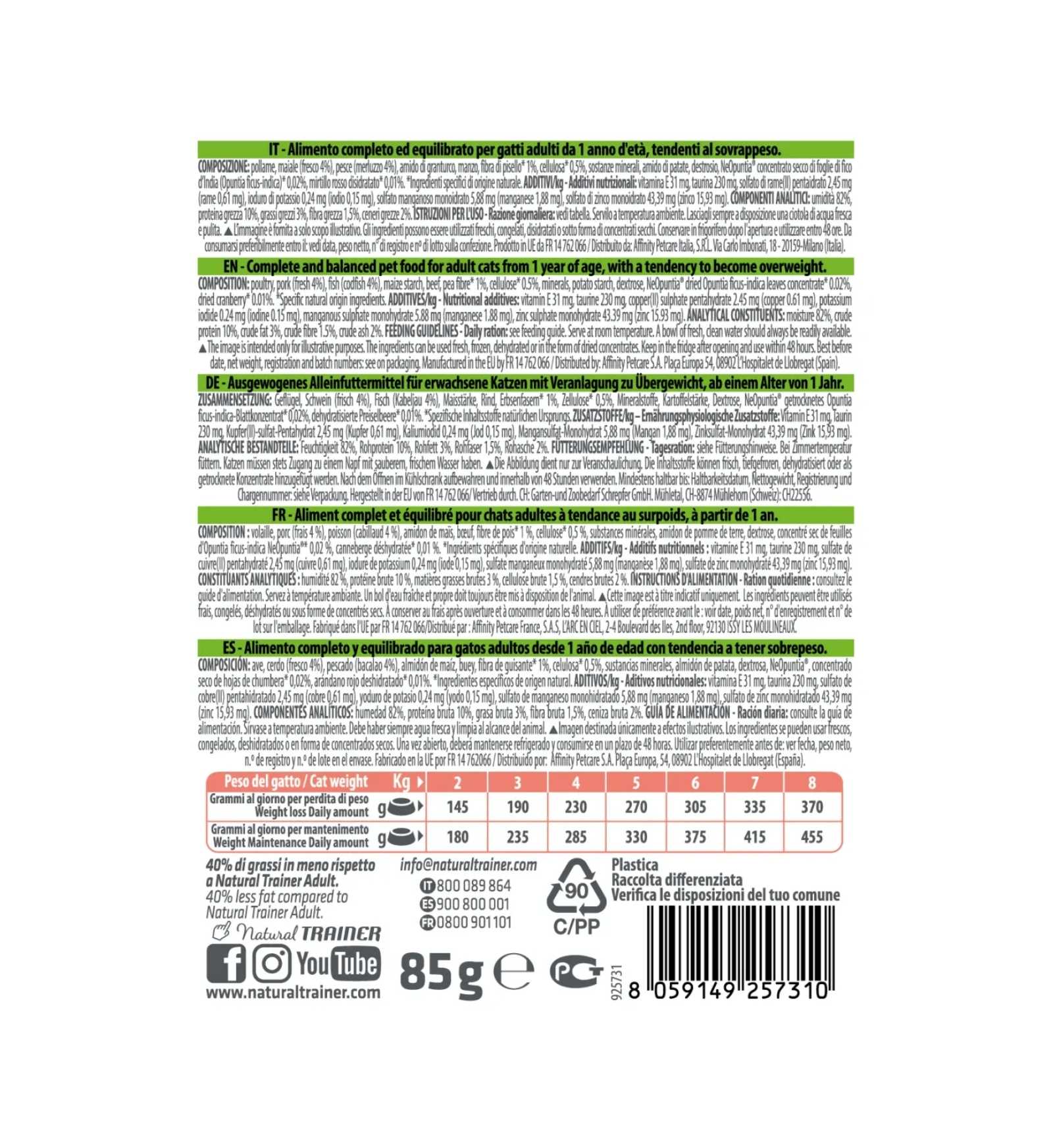 TRAINER GATTO NATURAL ADULT IDEAL WEIGHT CON MERLUZZO BOCCONCINI IN SALSA DA 85 GR IN BUSTA