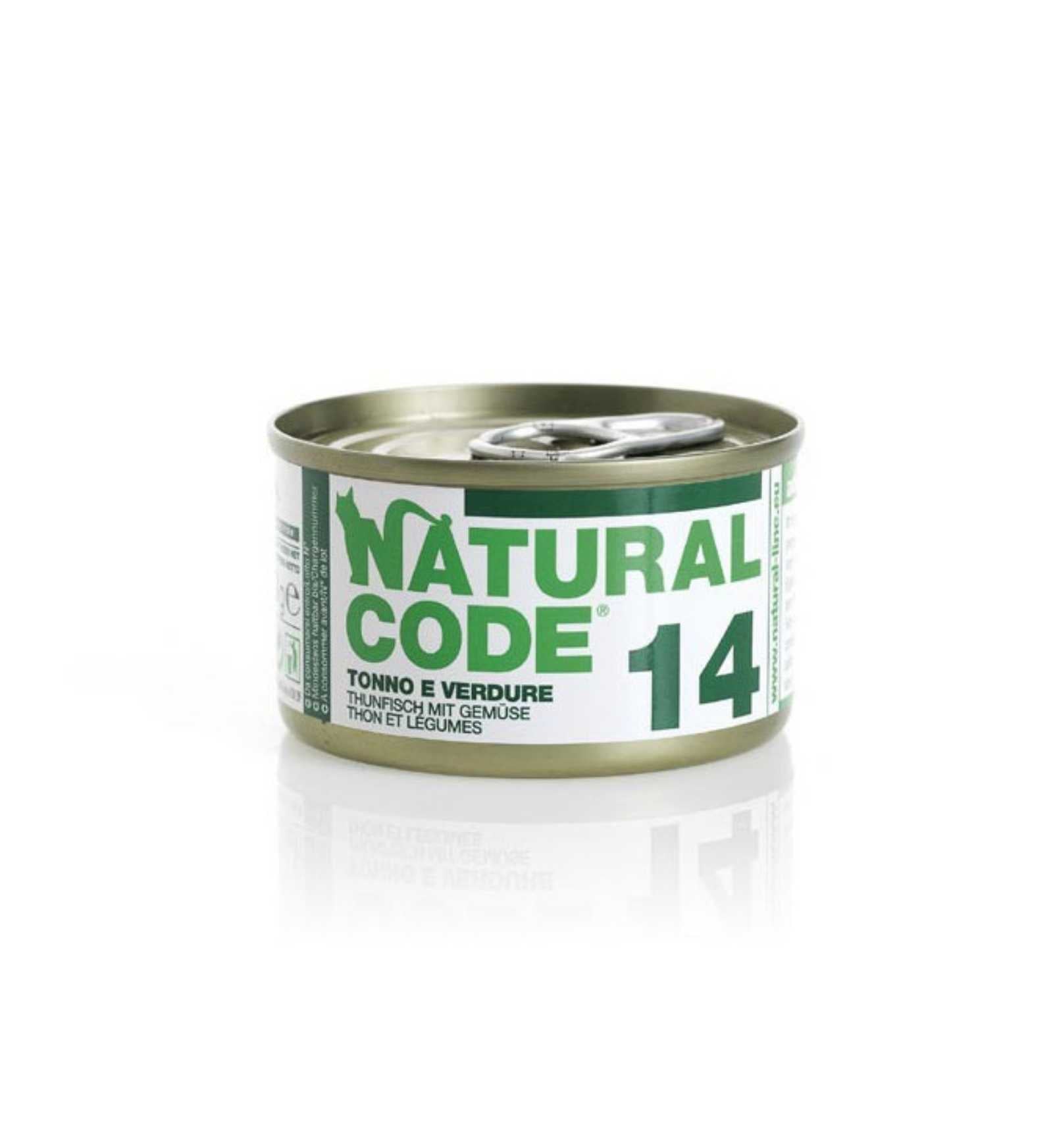 NATURAL CODE GATTO 14 TONNO E VERDURE IN ACQUA DI COTTURA DA 85 GR IN LATTINA